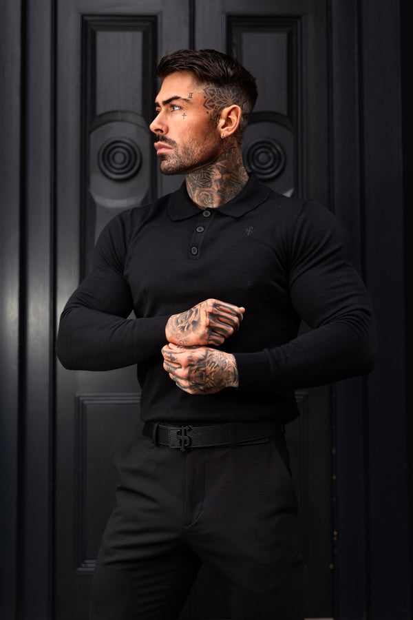 Father Sons Classic Black Knitted Polo Jumper Long Sleeve With Tonal FS Embroidery- FSN139