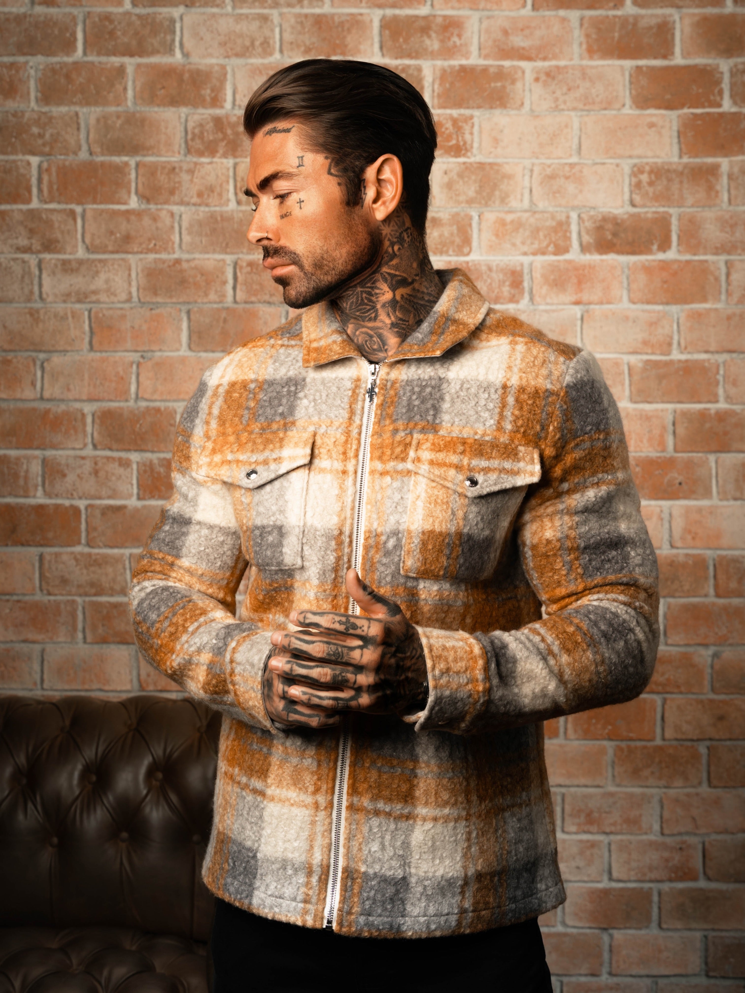 Boucle Zipped Check Jacket Tan - FSN157