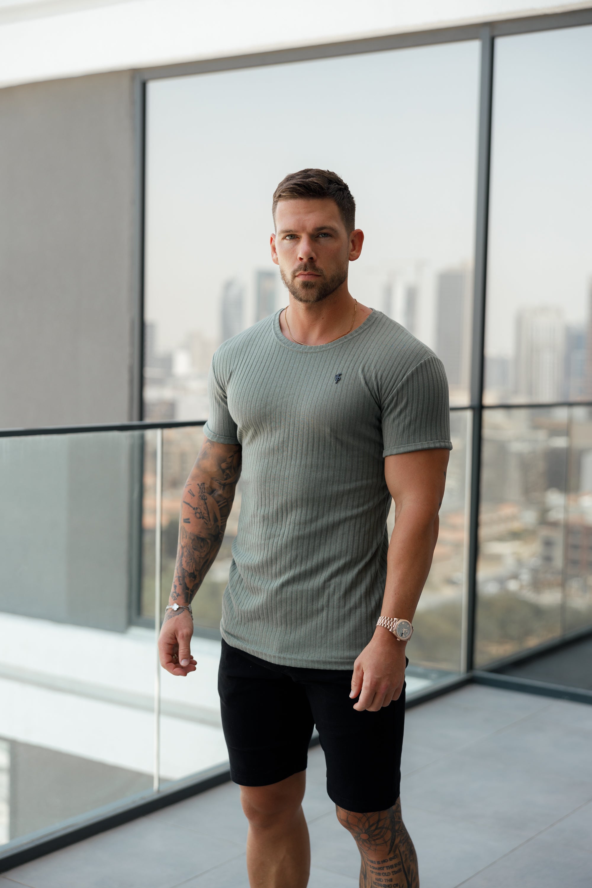 Classic Olive / Black Ribbed Knit Super Slim Short Sleeve Crew - FSH1089