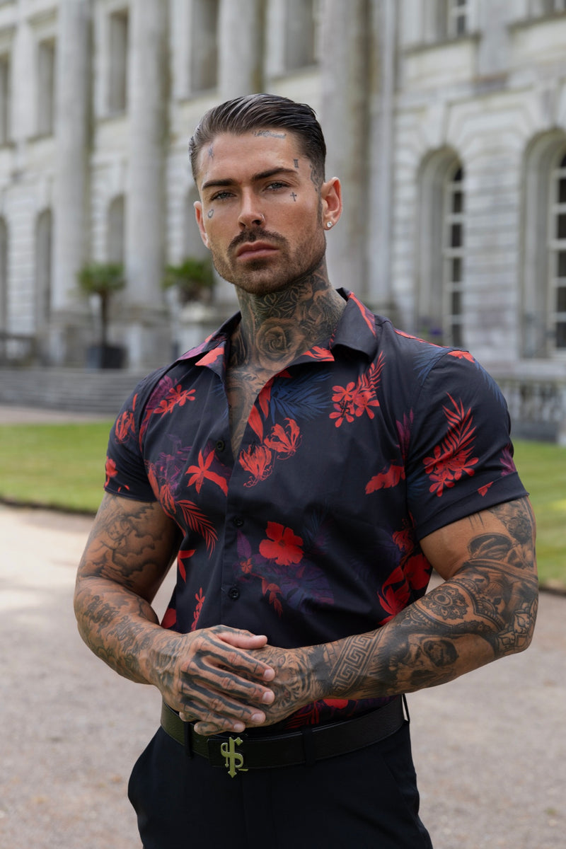 Father Sons Hawaiian Boxy Black / Red Floral Print Stretch with Revere Collar Short Sleeve - FS994