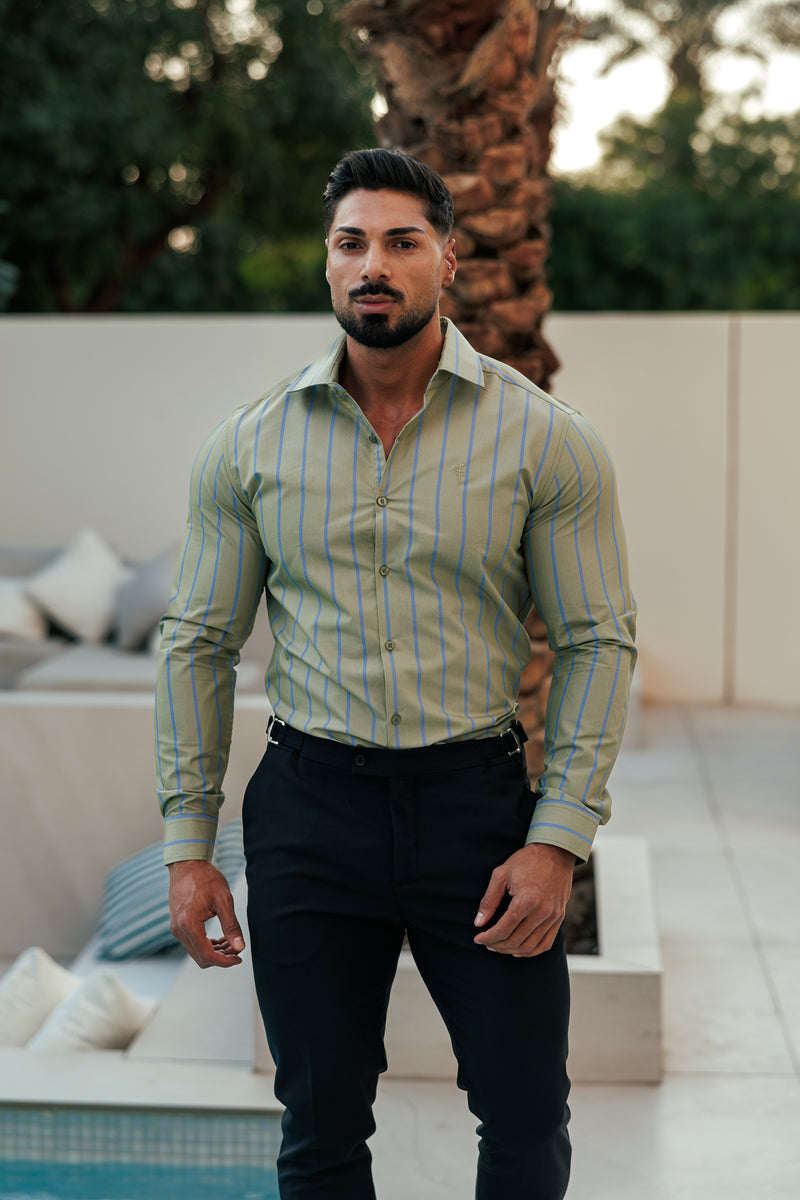 Father Sons Classic Green / Blue Stripe Long Sleeve with Cutaway Collar - FS1179