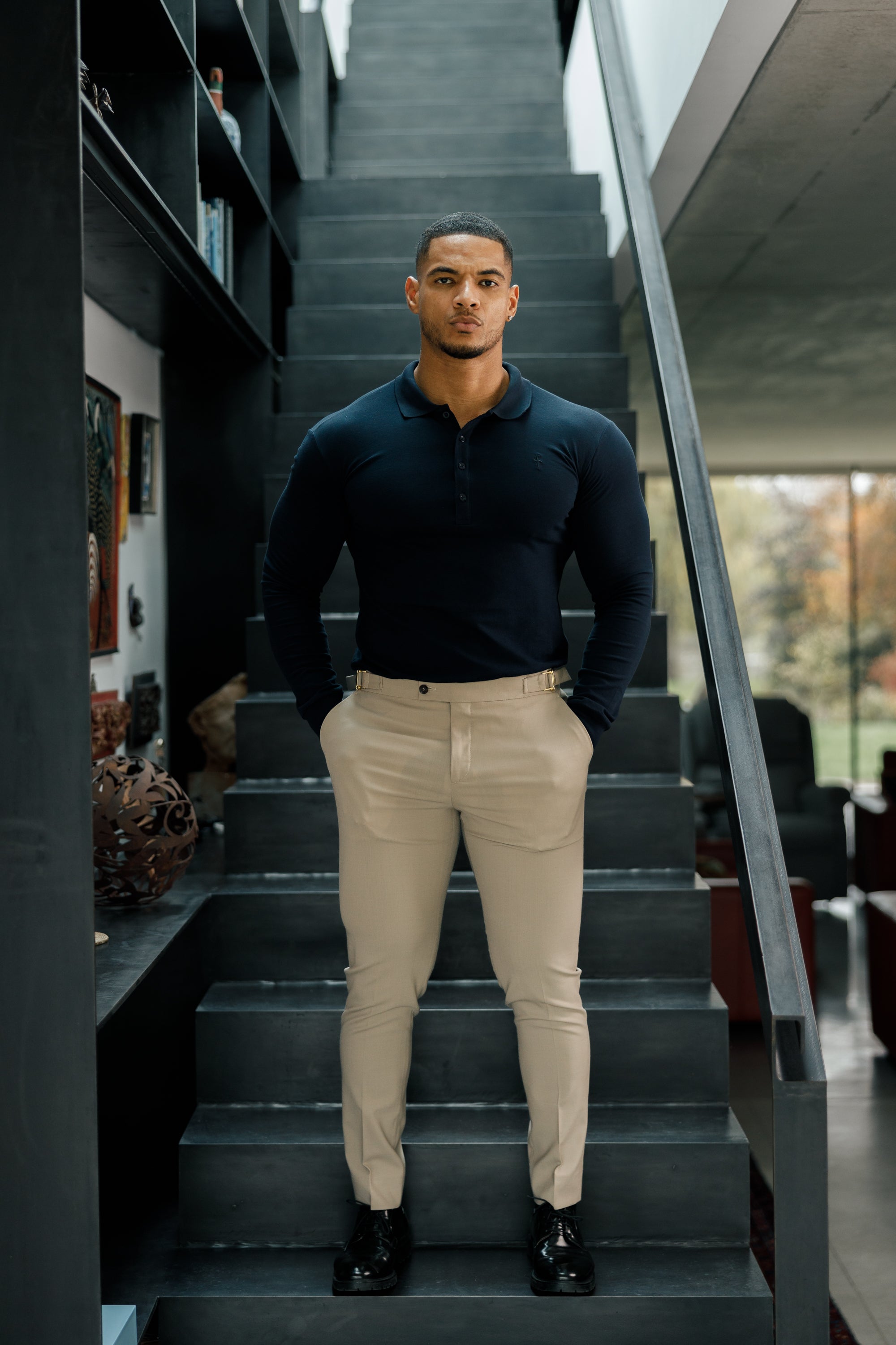 Classic Navy Tonal Polo Long Sleeve Shirt - FSH861