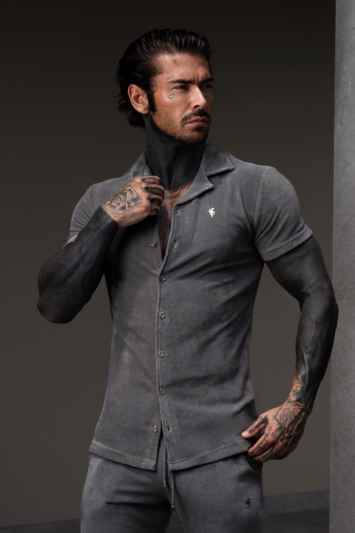 Charcoal Towelling Revere Shirt Short Sleeve - FSH1499