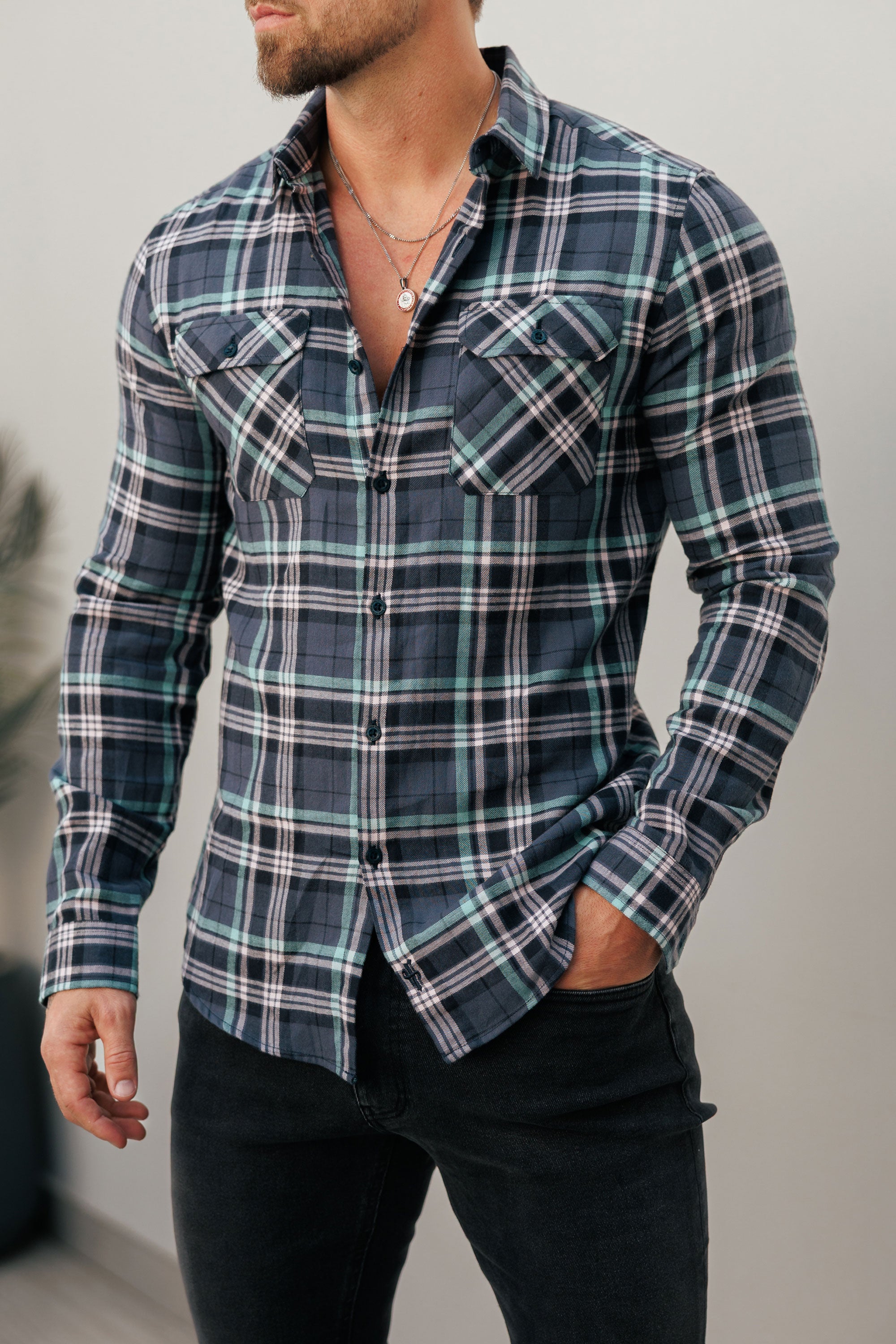 Navy / Green / Pink Check Shacket With Double Pockets - FS1195