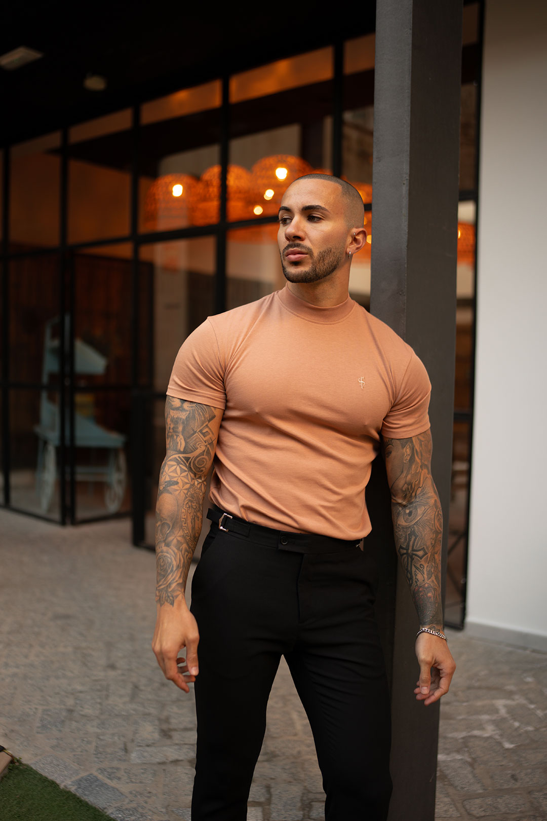 Ribbed High Neck Crew Short Sleeve Coffee - FSH1008