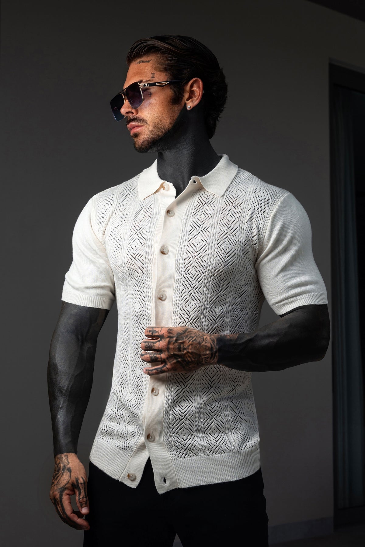 Cream Diamond Stripe Perforated Shirt Short Sleeve - FSA024
