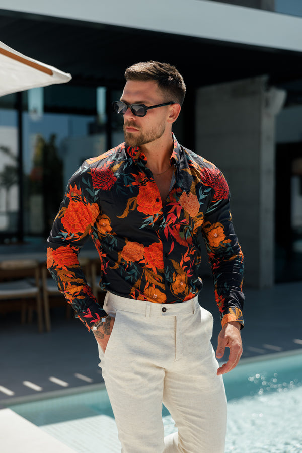 Classic Stretch LS Black/ Orange Oriental Print Button Down Collar - FS1102 (PRE ORDER 28TH AUGUST)