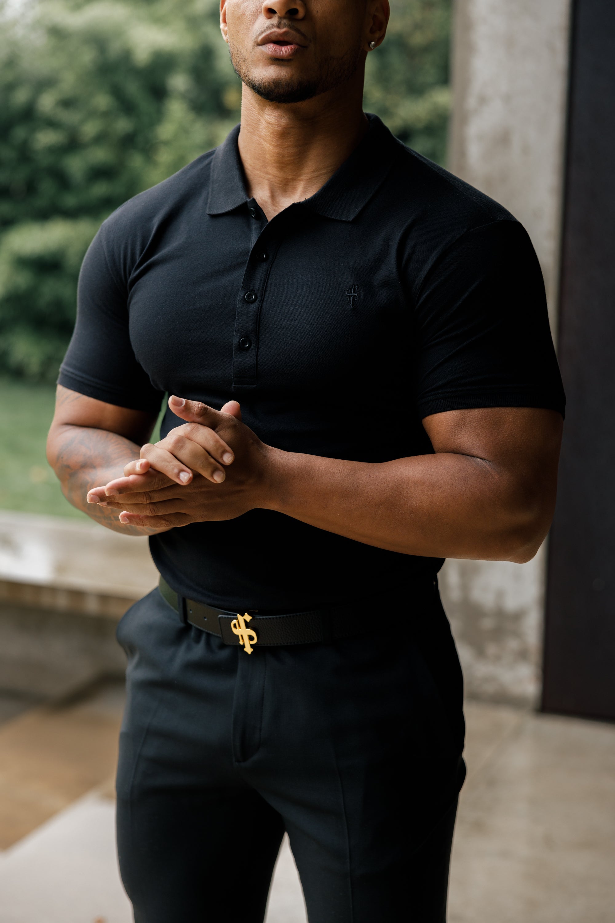 Classic Black Polo Shirt with Tonal Button and Embroidery - FSH824
