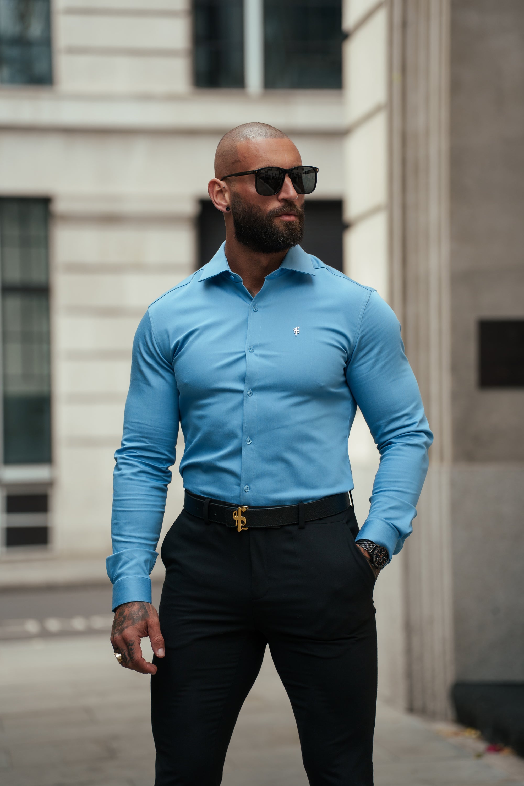 Super Slim Stretch Light Blue Denim Long Sleeve with Cutaway Collar - FS1151