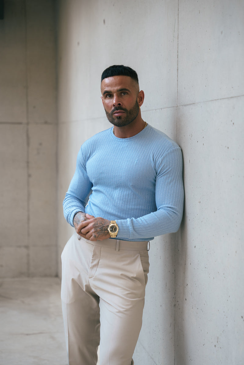 Father Sons Classic Light Blue Ribbed Knit Jumper With Tonal Embroidery - FSH1286 (PRE ORDER 30TH NOVEMBER)