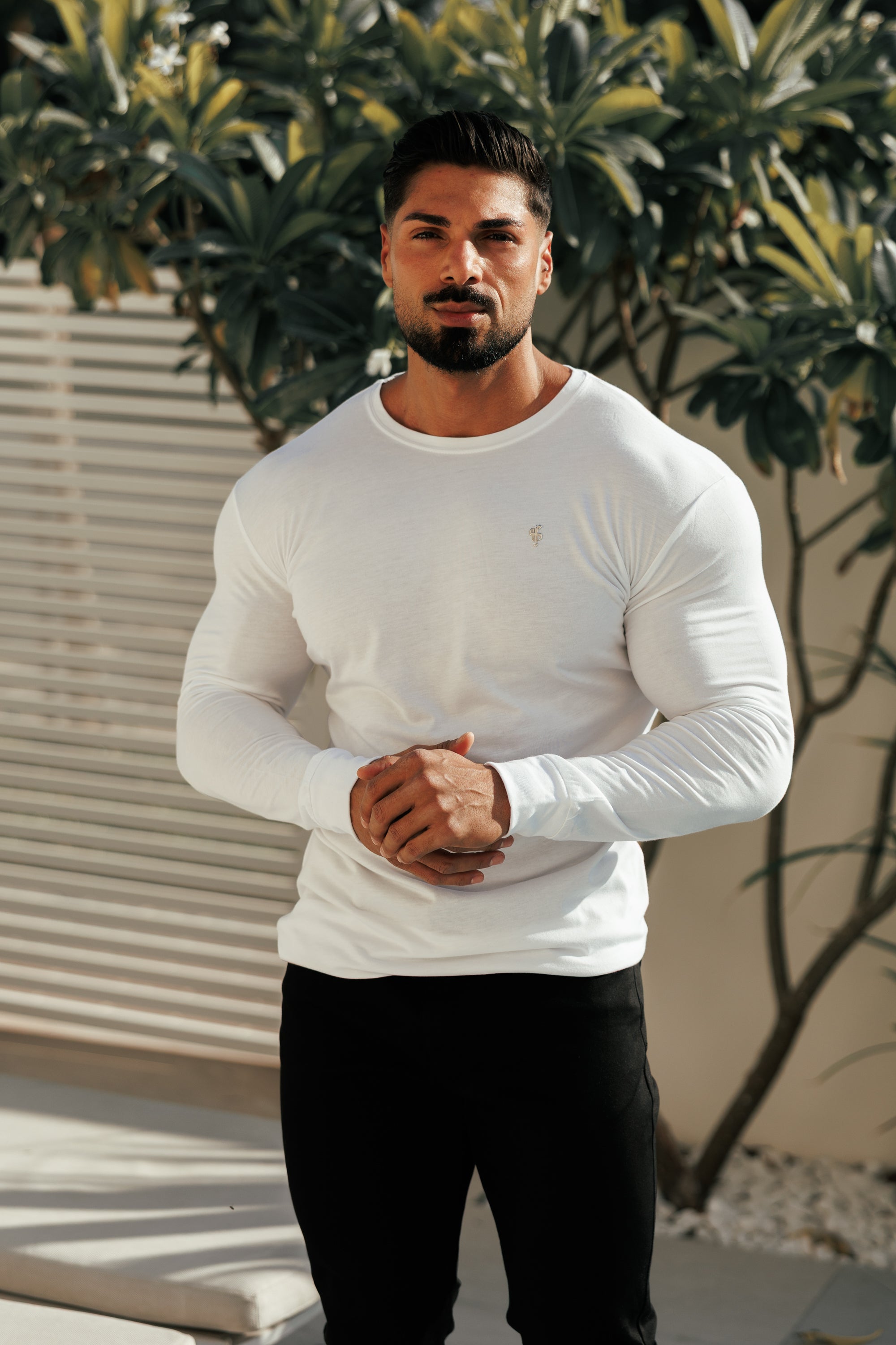 White / Silver Bamboo Crew T-Shirt Long Sleeve - FSH1416
