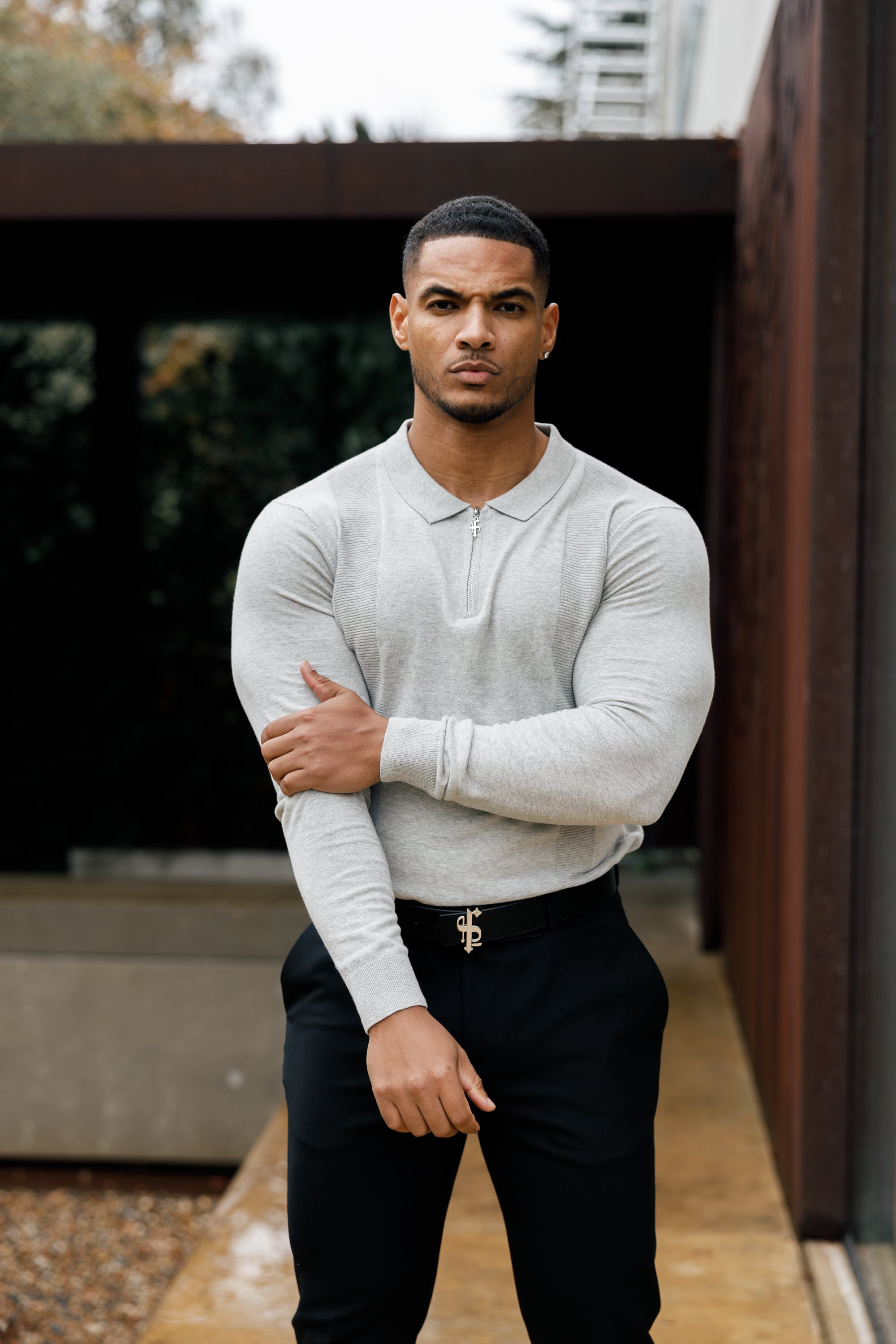 Classic Grey Marl and Silver Zip Knitted Polo Shirt Long Sleeve - FSN127