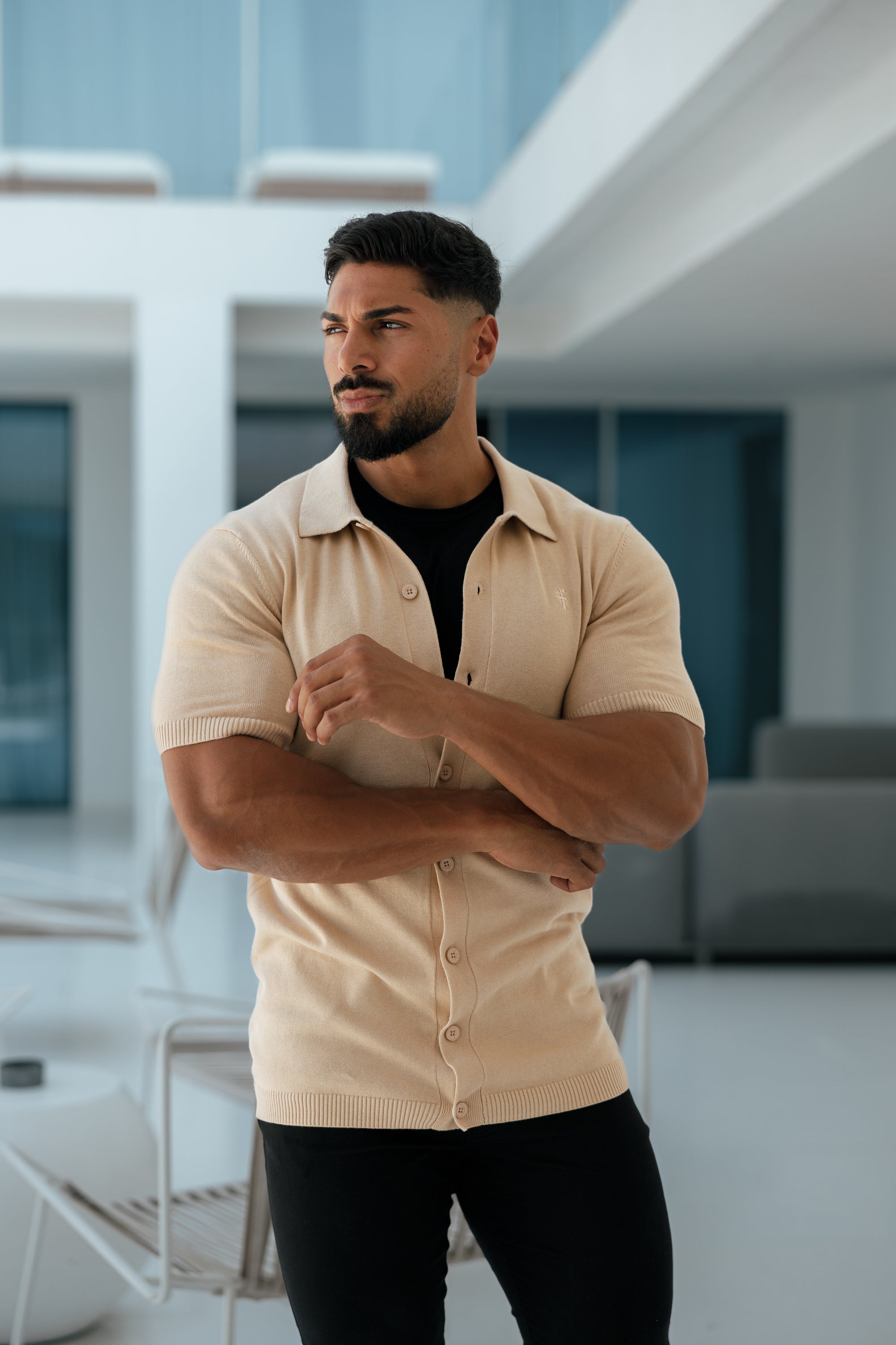 Classic Plain Beige Knitted Button Through Polo Short Sleeve - FSN104