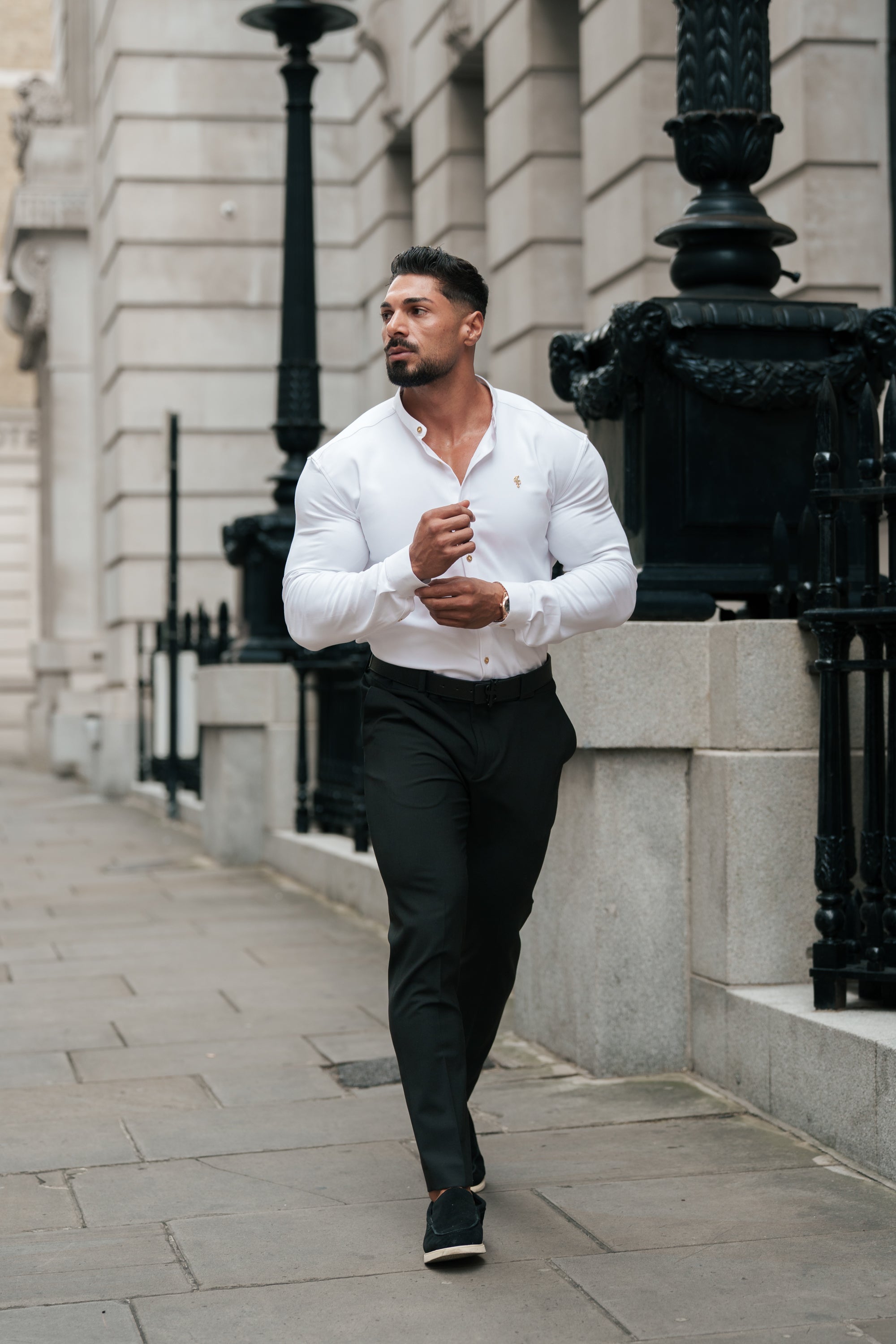 Super Slim Scuba White / Gold Long Sleeve Stretch with Grandad Collar - FS1193