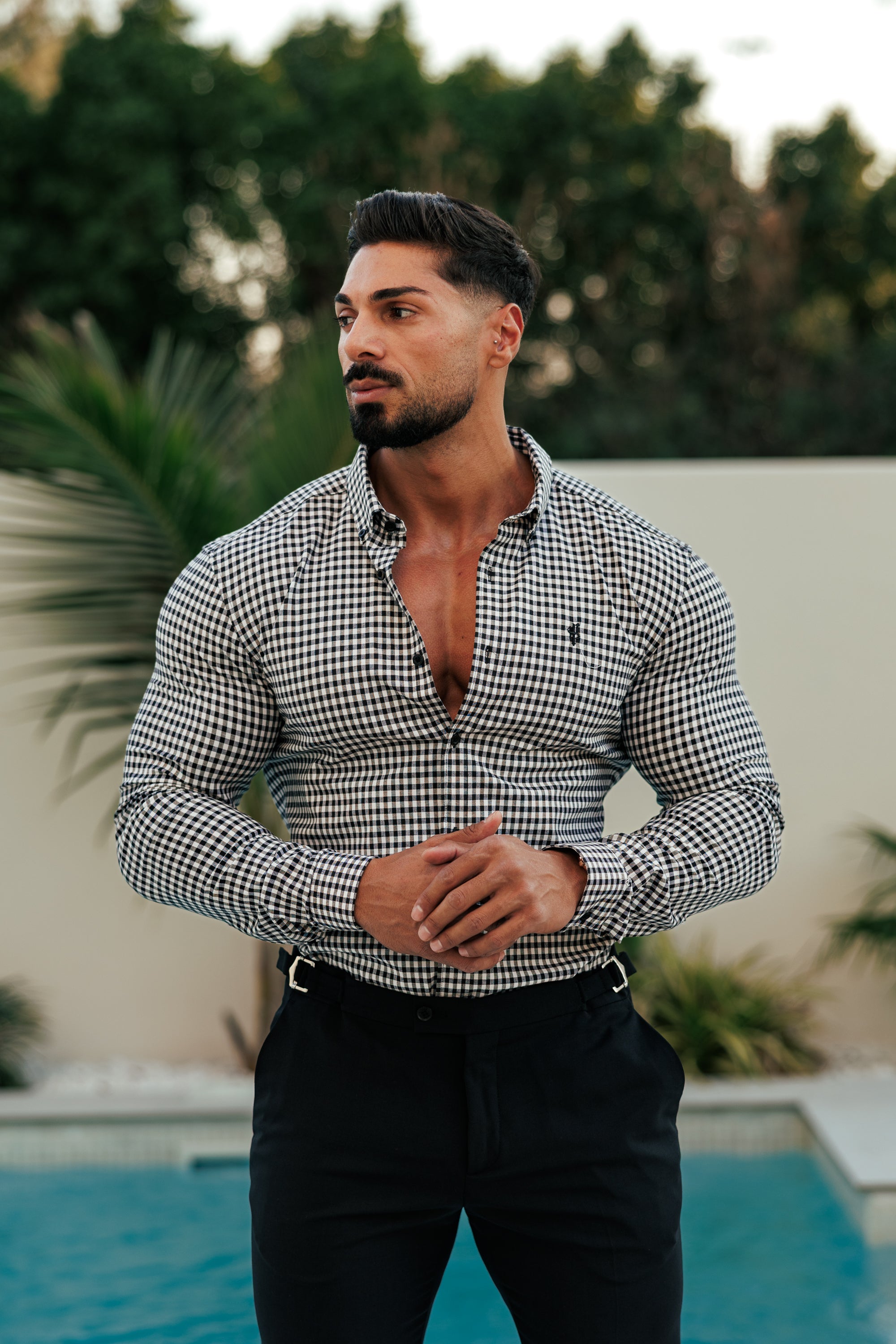 Super Slim Stretch White / Black Check Long Sleeve with Button Down Collar - FS1069