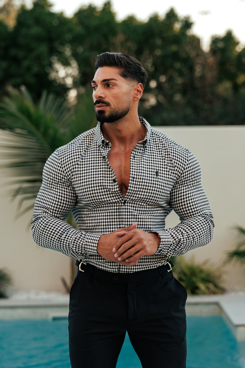 FS Super Slim Stretch White / Black Check Long Sleeve with Button Down Collar - FS1069