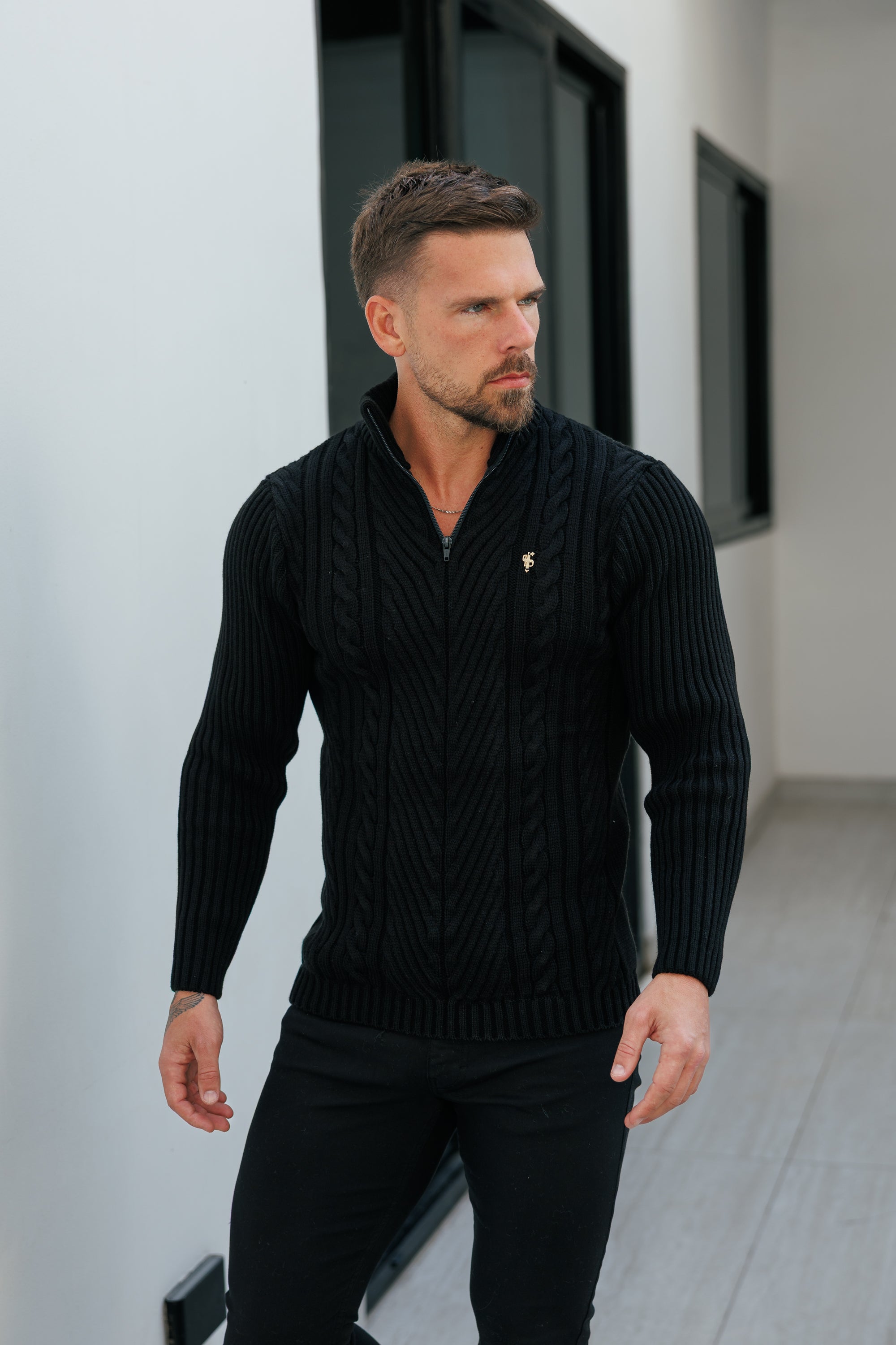 Funnel Neck Jumper with Quarter Zip Black -  FSJ155