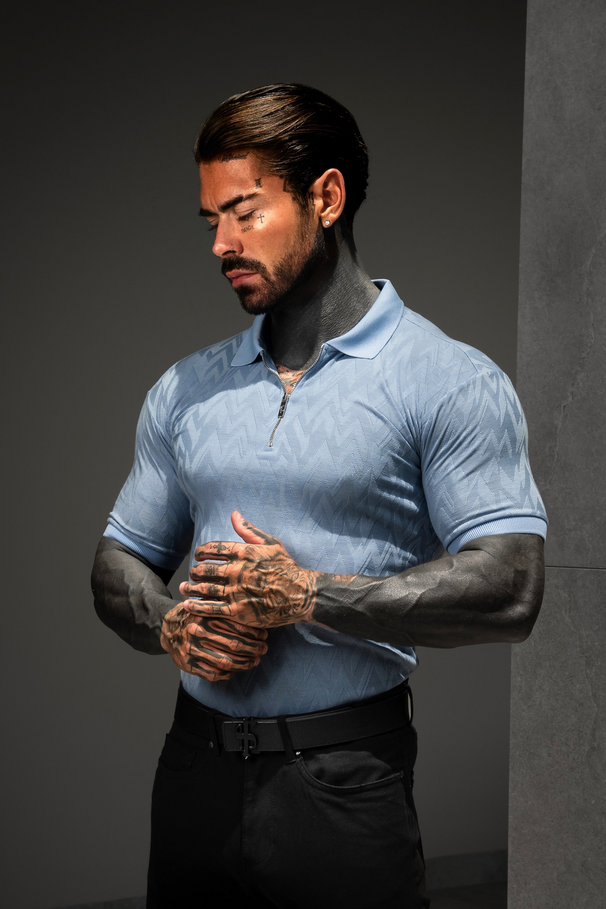 Classic Jacquard Baby Blue Chevron Zipped Polo - FSR061