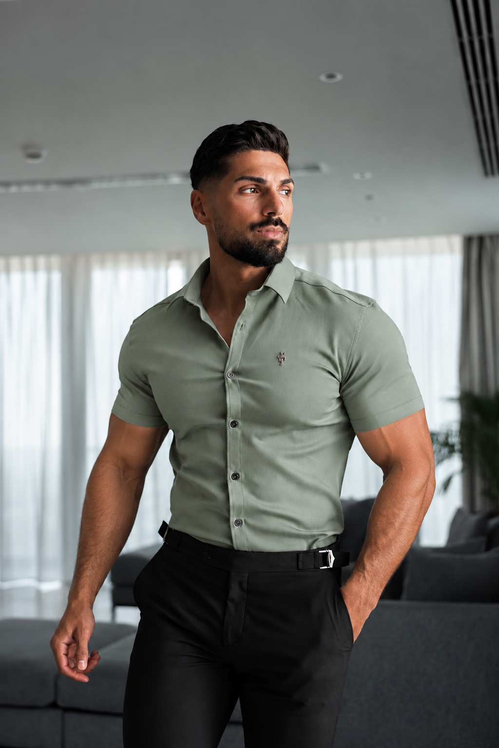Super Slim Stretch Sage Green Denim Short Sleeve with Silver Metal Decal and Cutaway Collar - FS1326