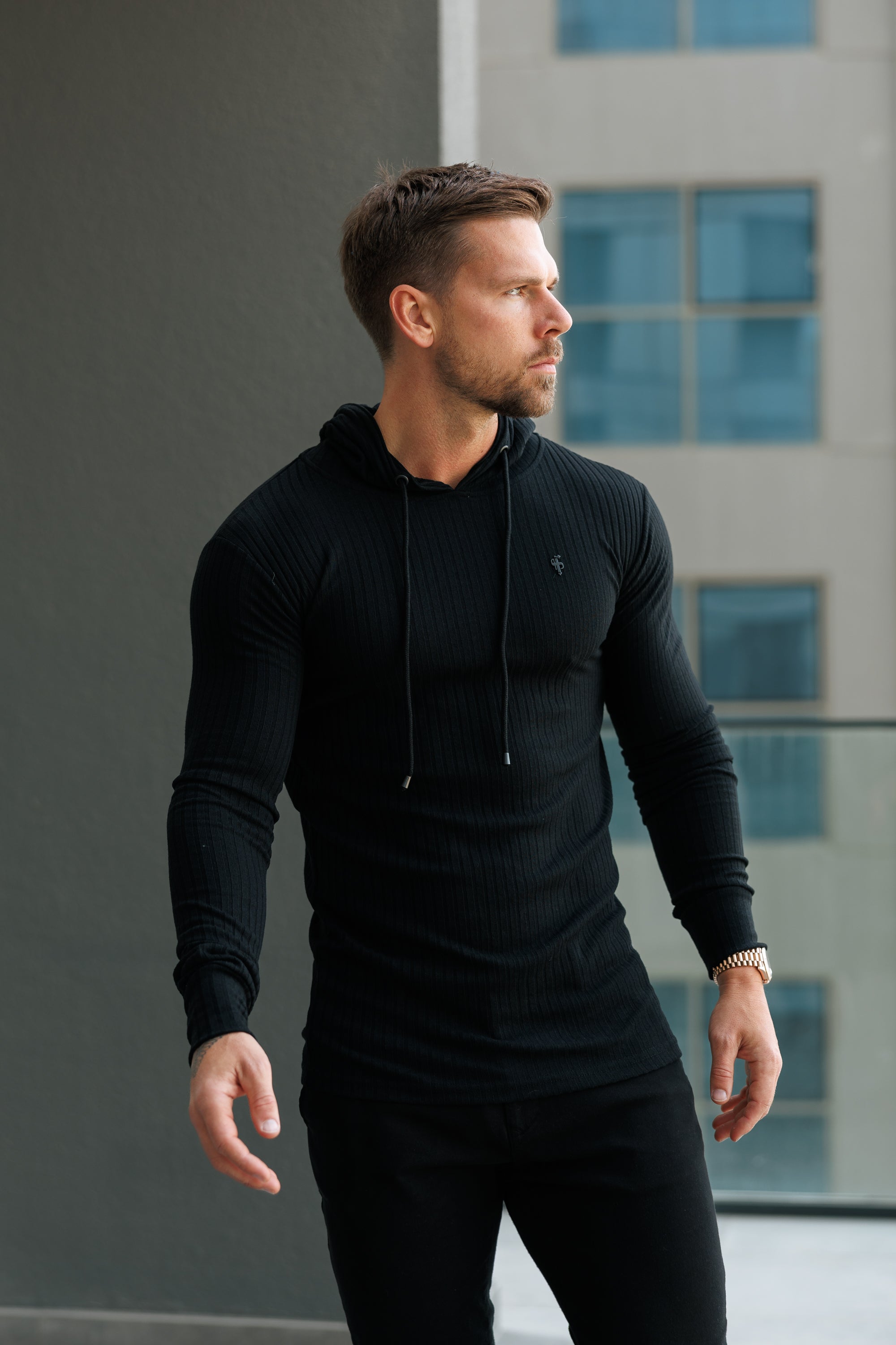 Classic Black Ribbed Knit Hoodie Jumper With Black Emblem - FSH1307