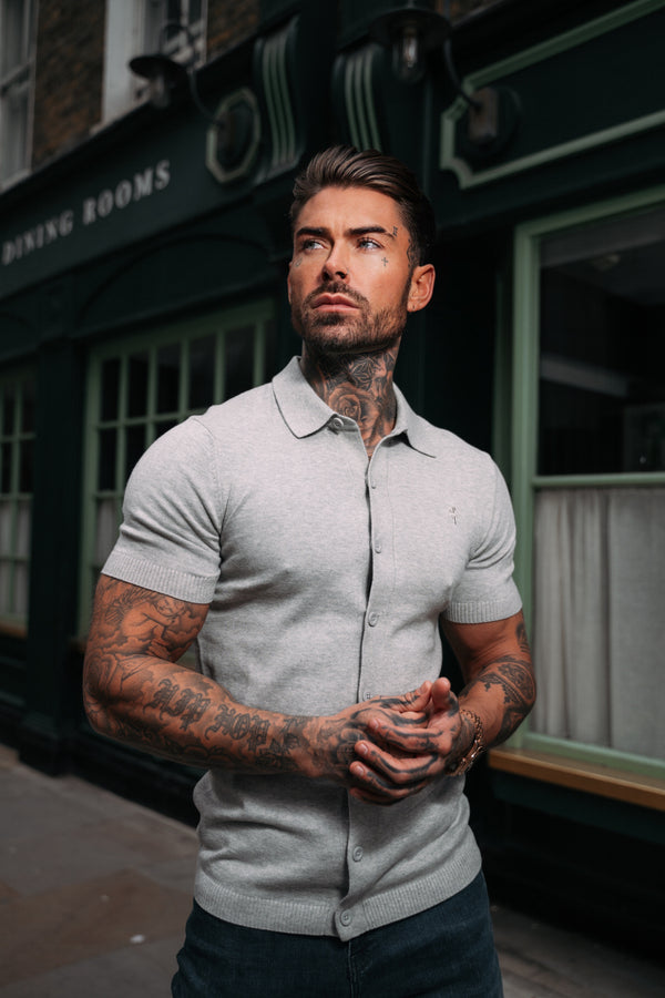 Father Sons Classic Plain Light Grey Knitted Button Through Polo Short Sleeve - FSN102