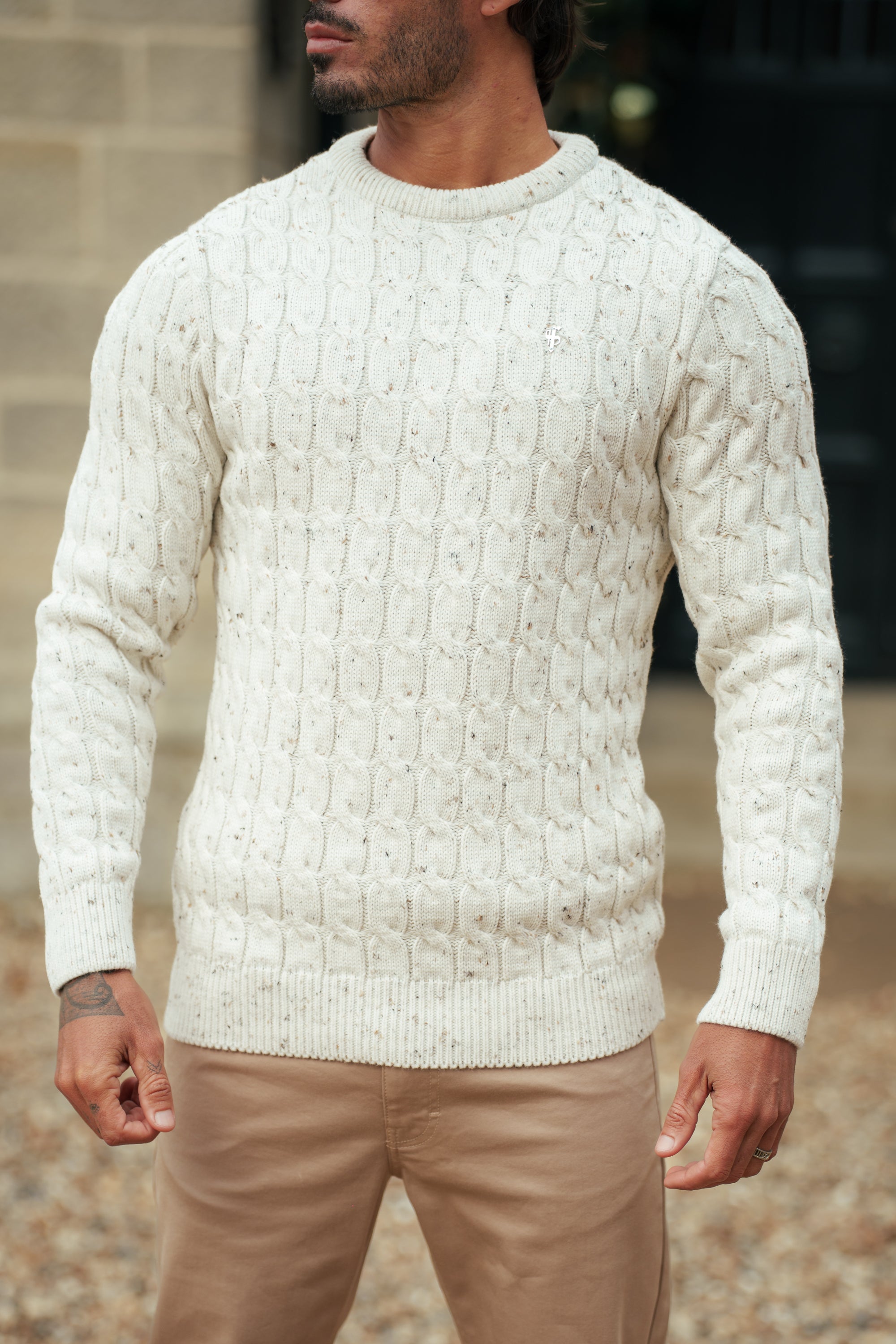 Link Weave Knit Beige Fleck Crew Neck Jumper - FSJ128