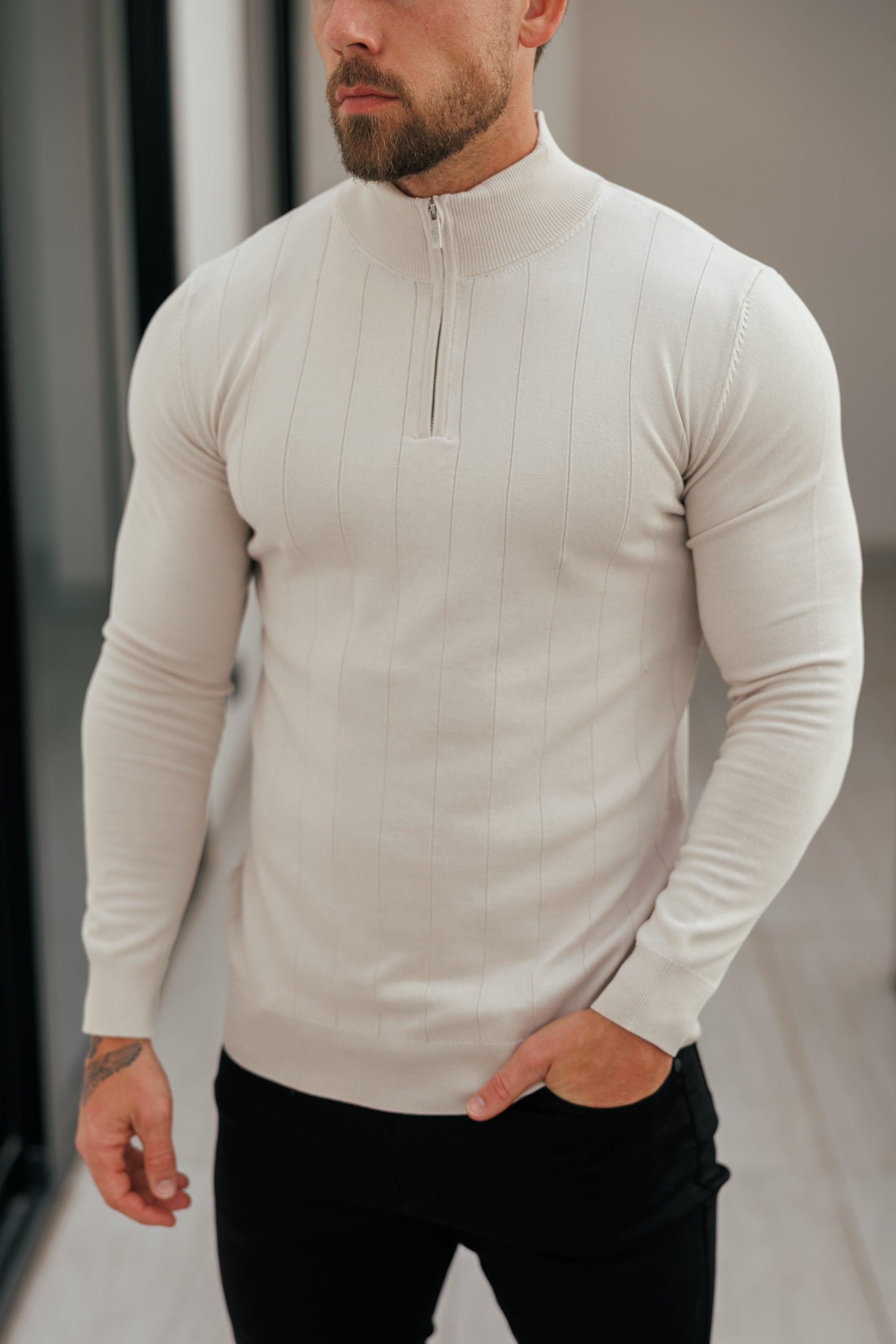 Self Stripe 1/4 Zip Funnel Neck Knit Jumper Cream Long Sleeve  -  FSR052