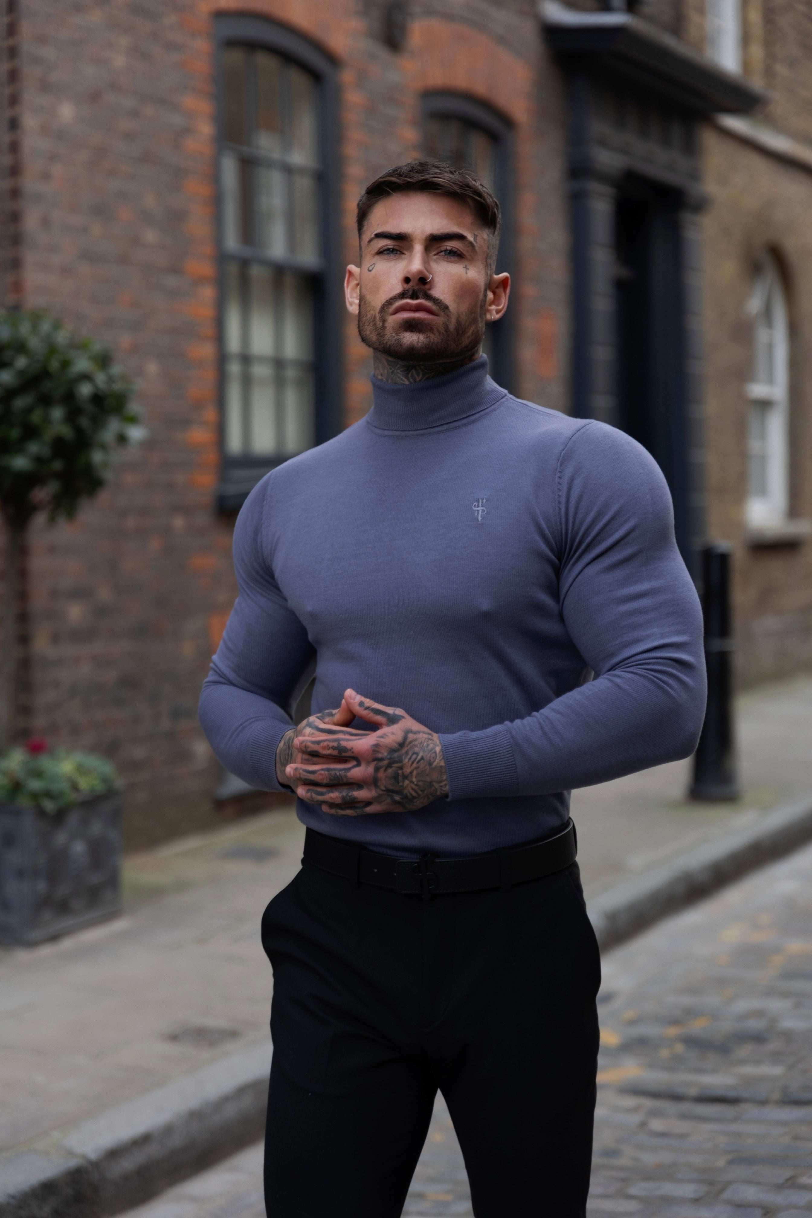 Classic Gunmetal Roll Neck Knitted Jumper With Tonal Emblem - FSN137