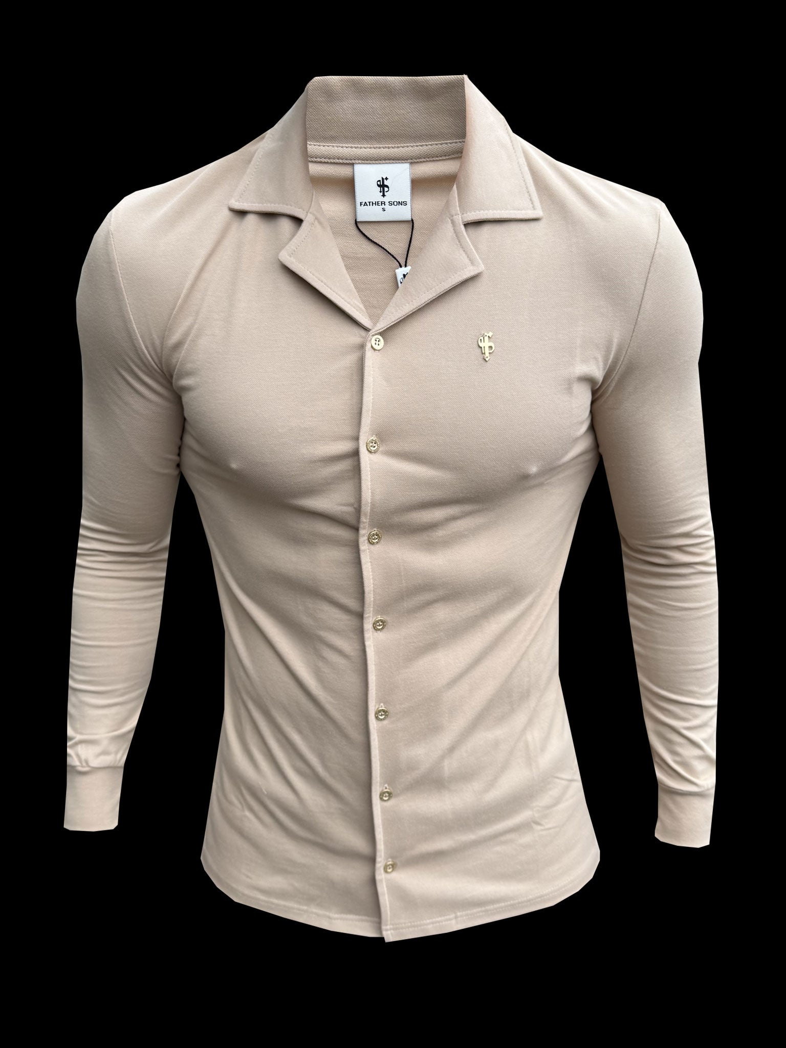 Stretch Beige Pique Revere Shirt Long Sleeve - FSH1209