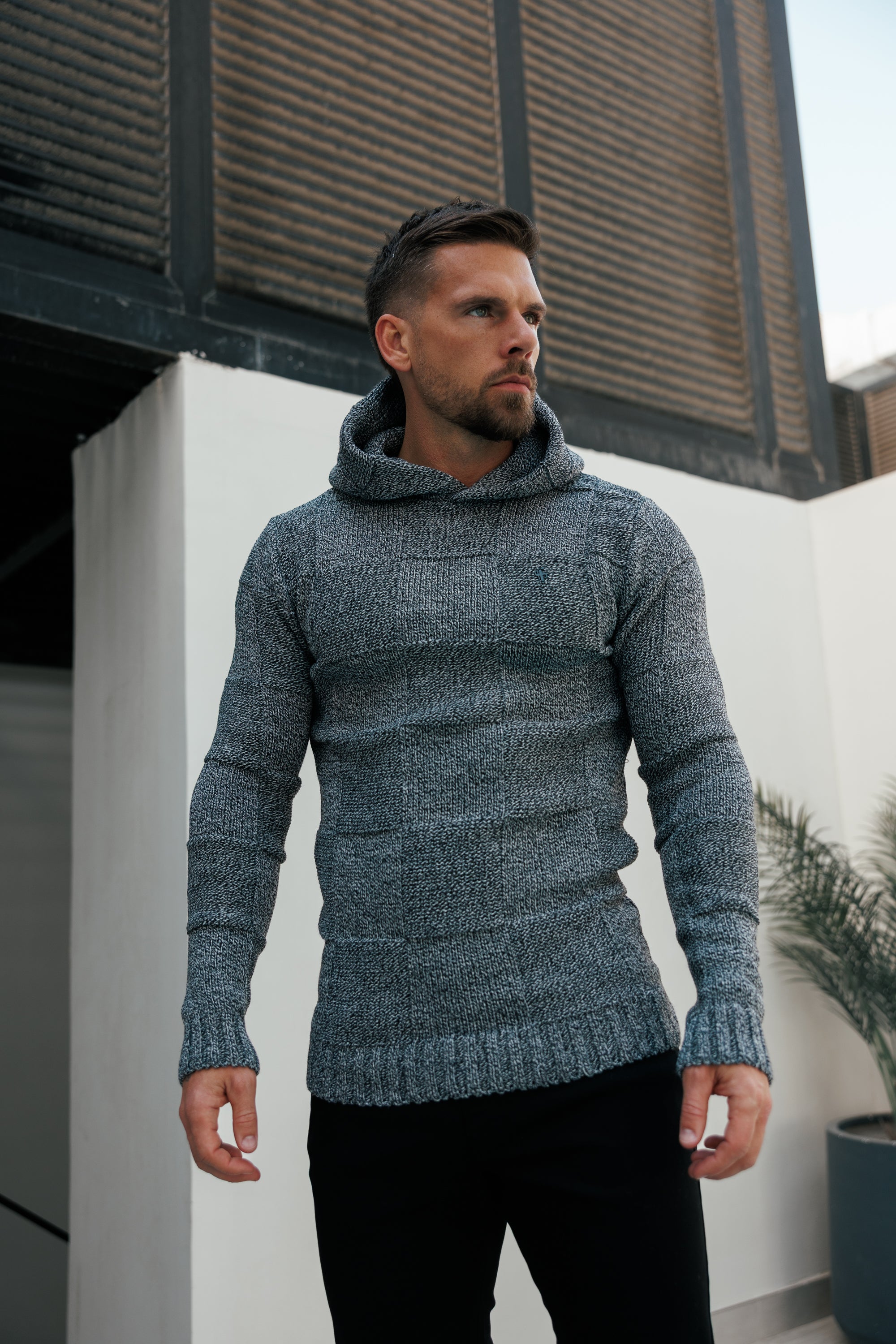 Black / White Two Tone Checkerboard Knitted Hoodie - FSJ134