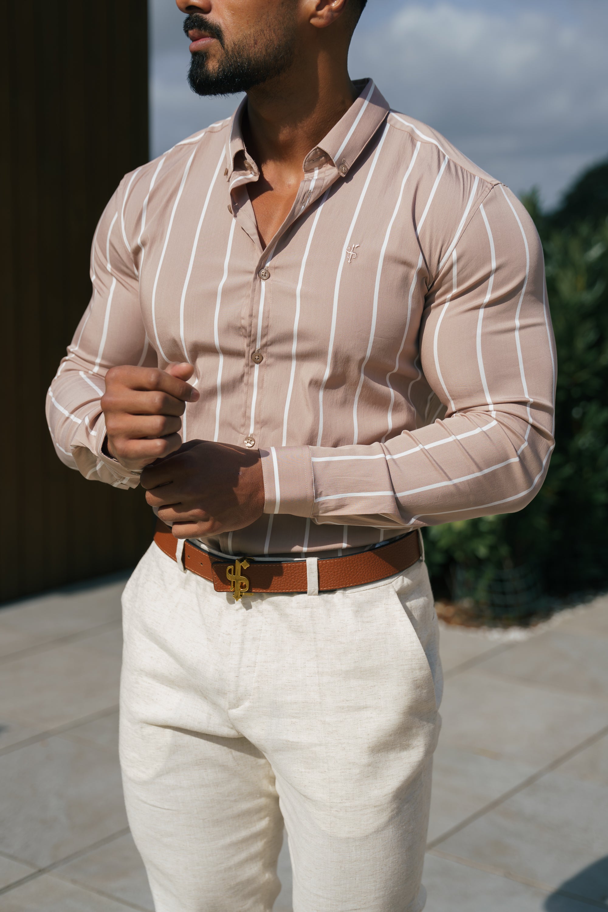 Super Slim Stretch Taupe Printed Wide Stripe Long Sleeve with Button Down Collar - FS1065