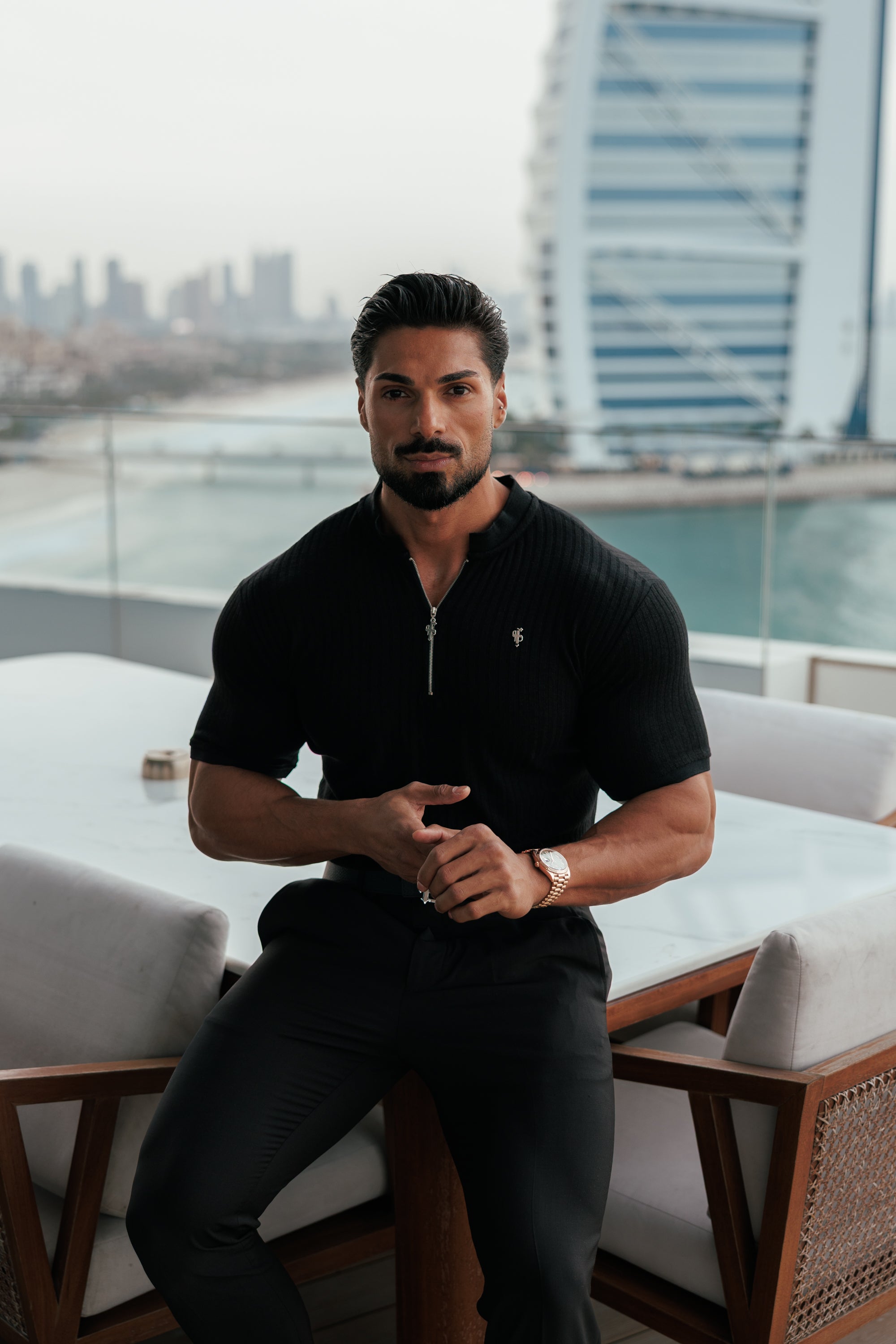 Super Slim Black / Silver  Ribbed Zip Grandad Collar Shirt Short Sleeve - FSH1445