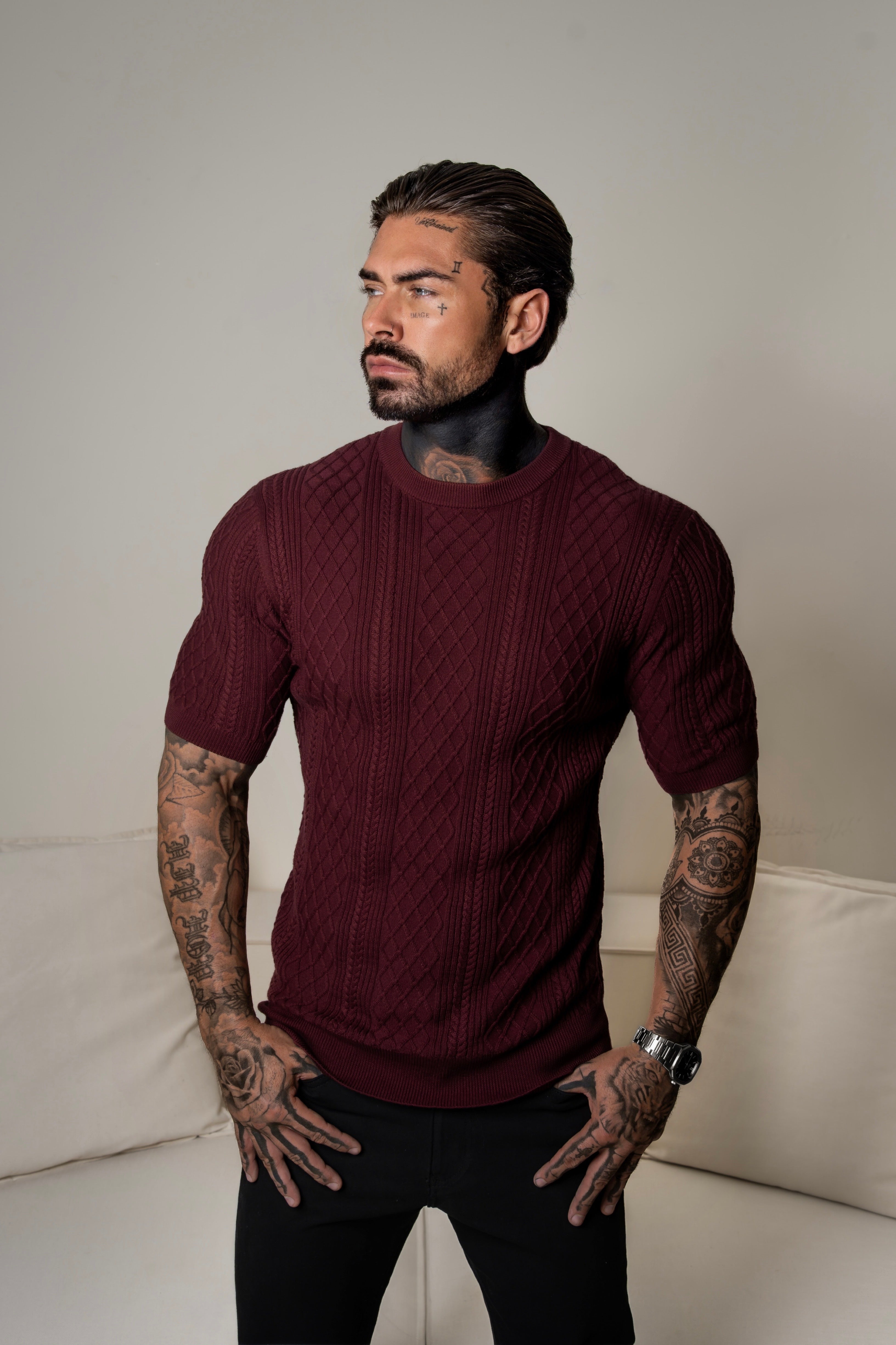 Fine Knit Diamond Burgundy Jumper Short Sleeve - FSA012