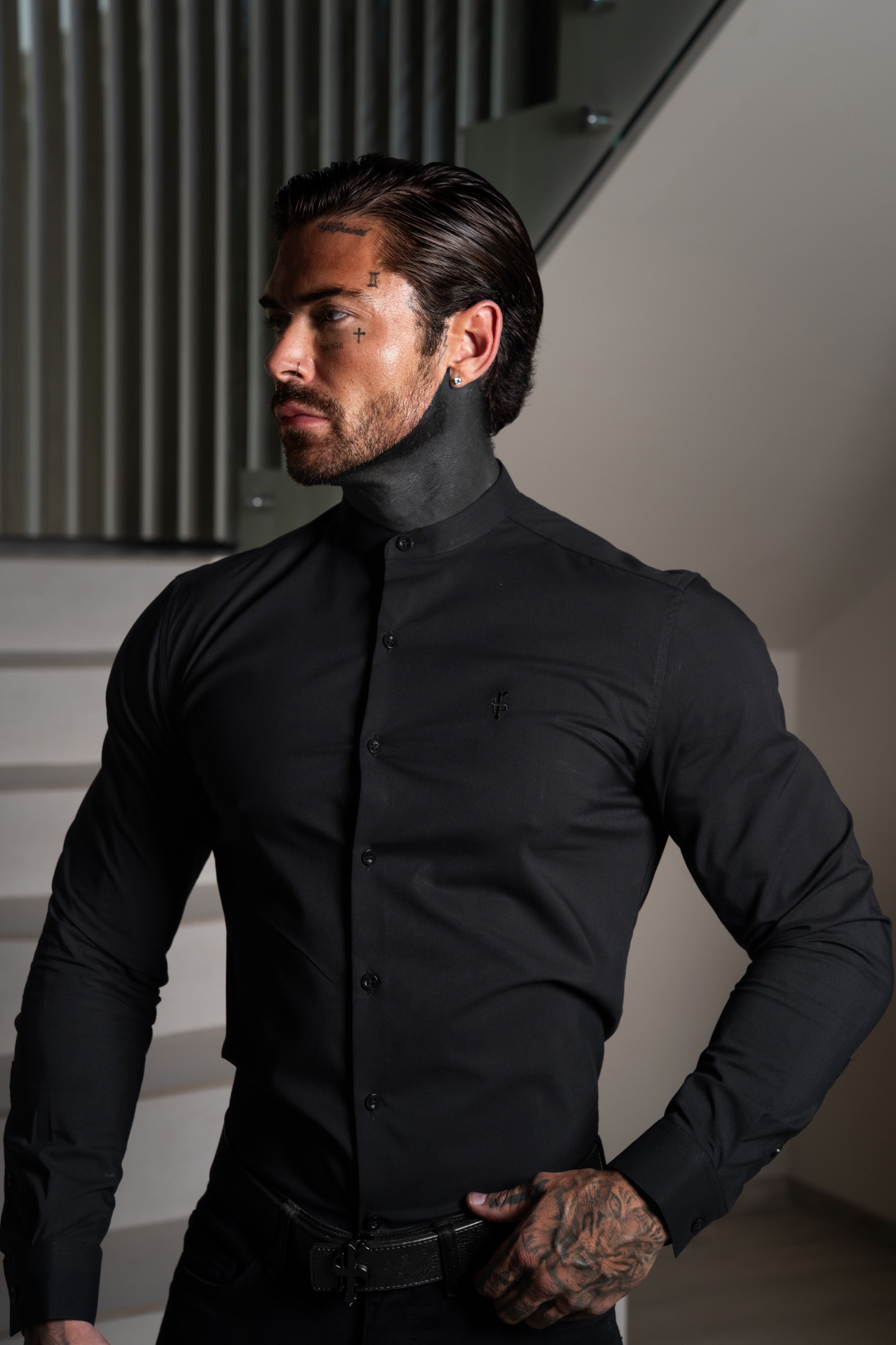 Athena Muscle Fit Advanced Stretch Black Grandad Collar Shirt  - FS1245