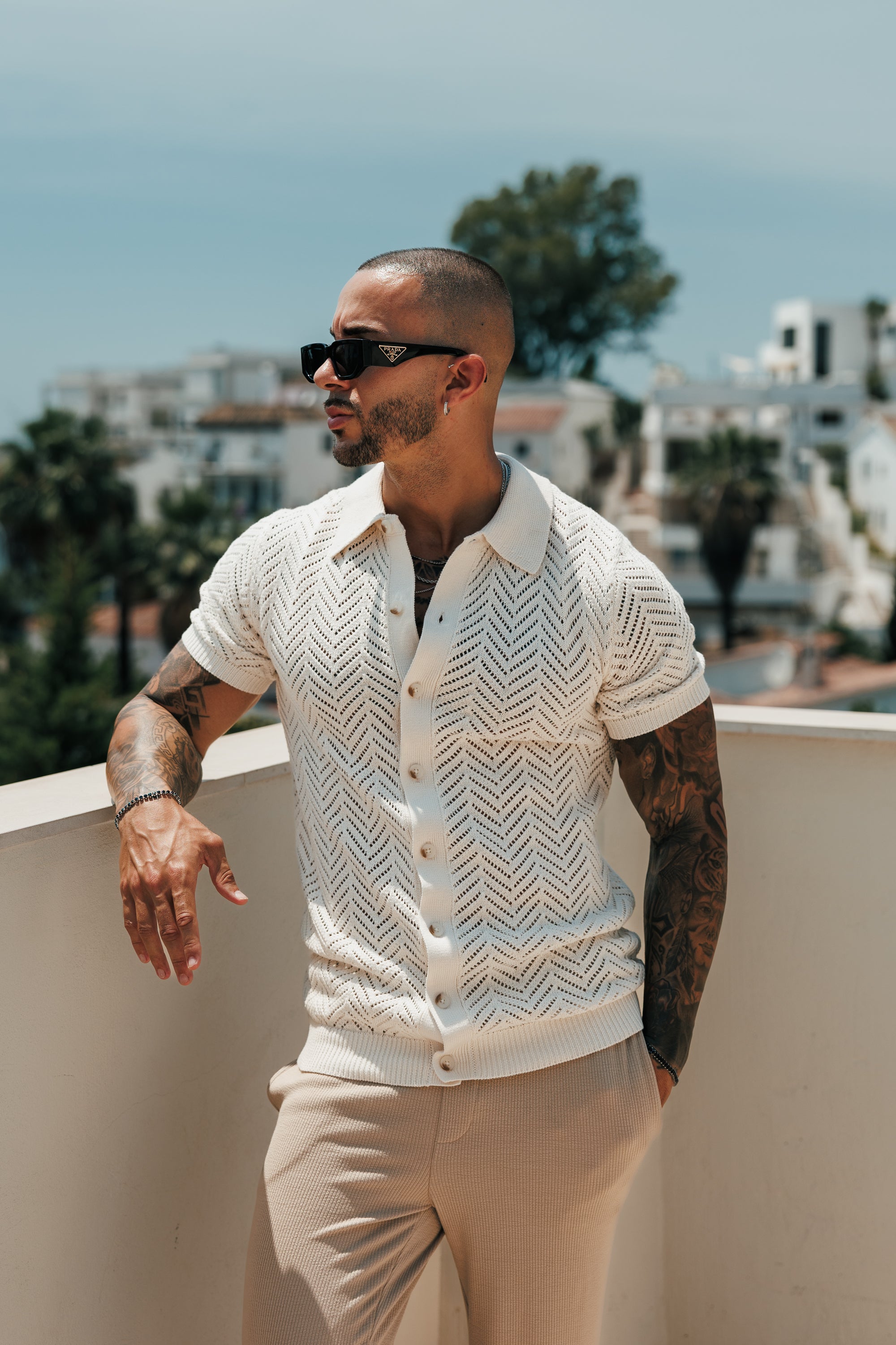 Cream Chevron Perforated Shirt Short Sleeve - FSA015 (PRE ORDER 31ST AUGUST)