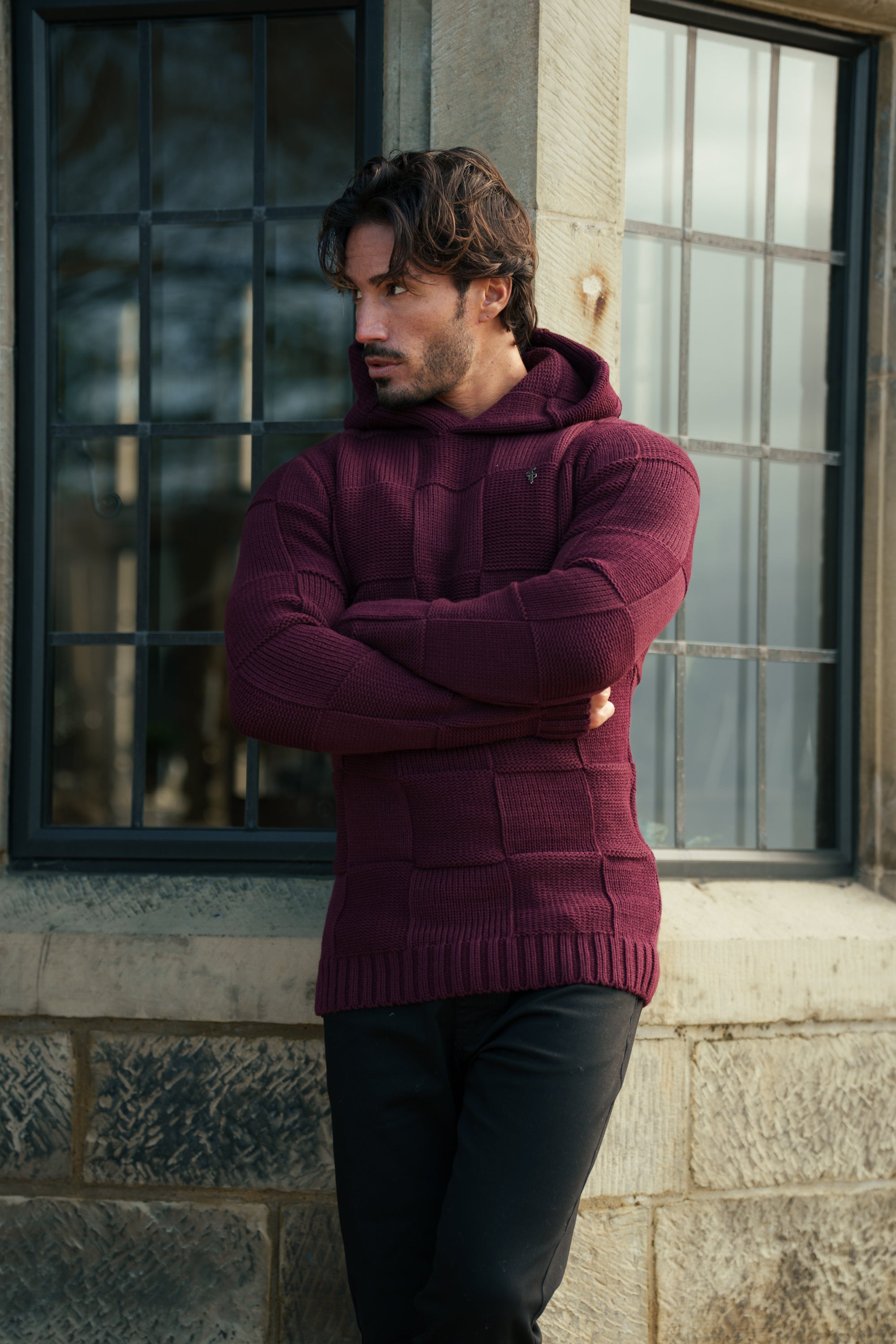 Wine Checkerboard Knitted Hoodie - FSJ139