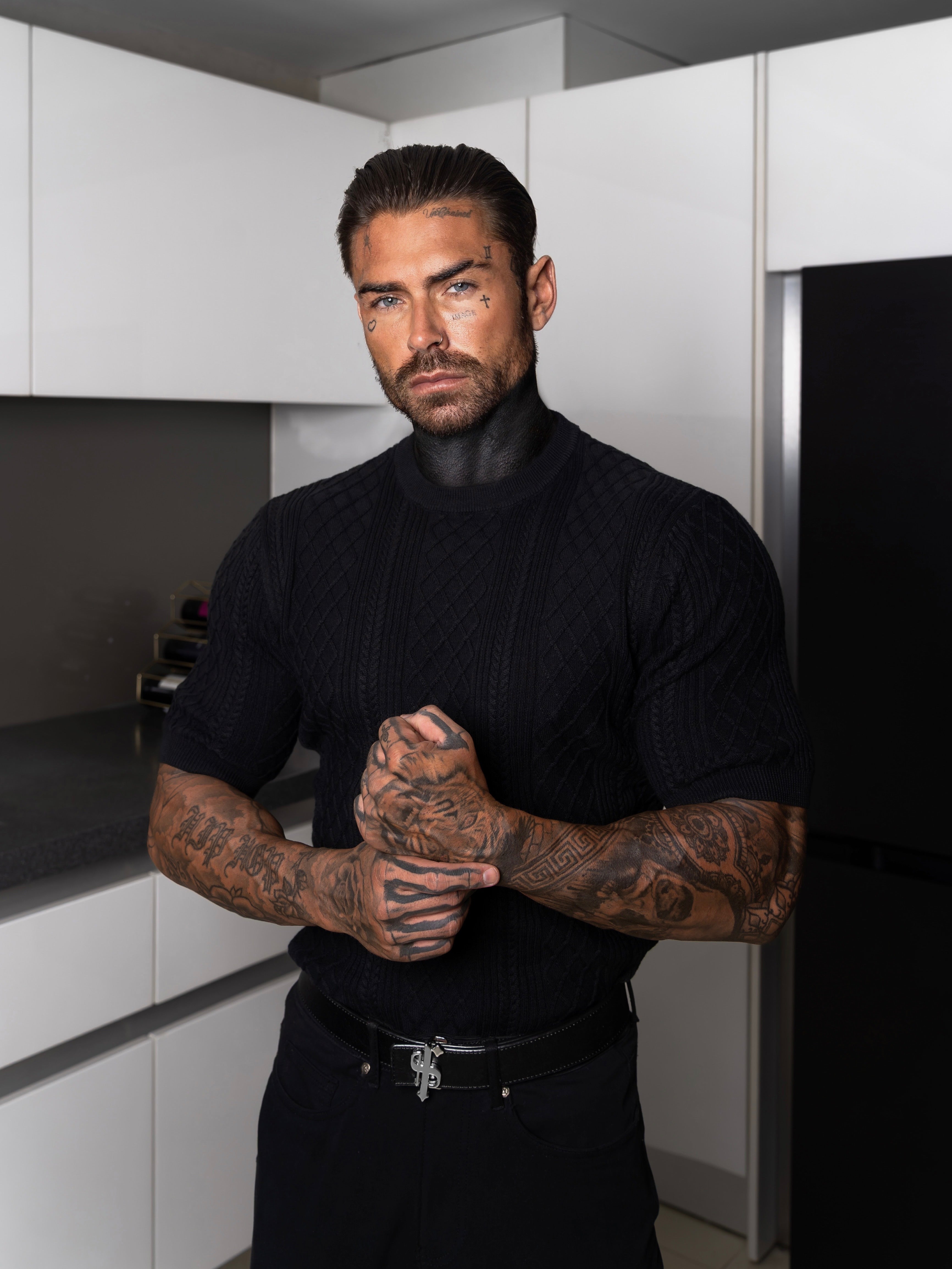 Fine Knit Diamond Black Jumper Short Sleeve - FSA010