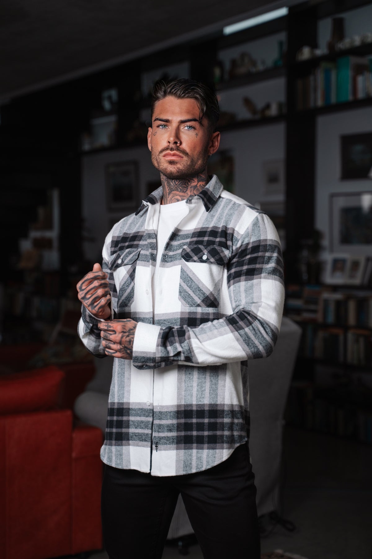 Heavy Brushed Off White / Grey Check Shacket With Double Pockets - FS1