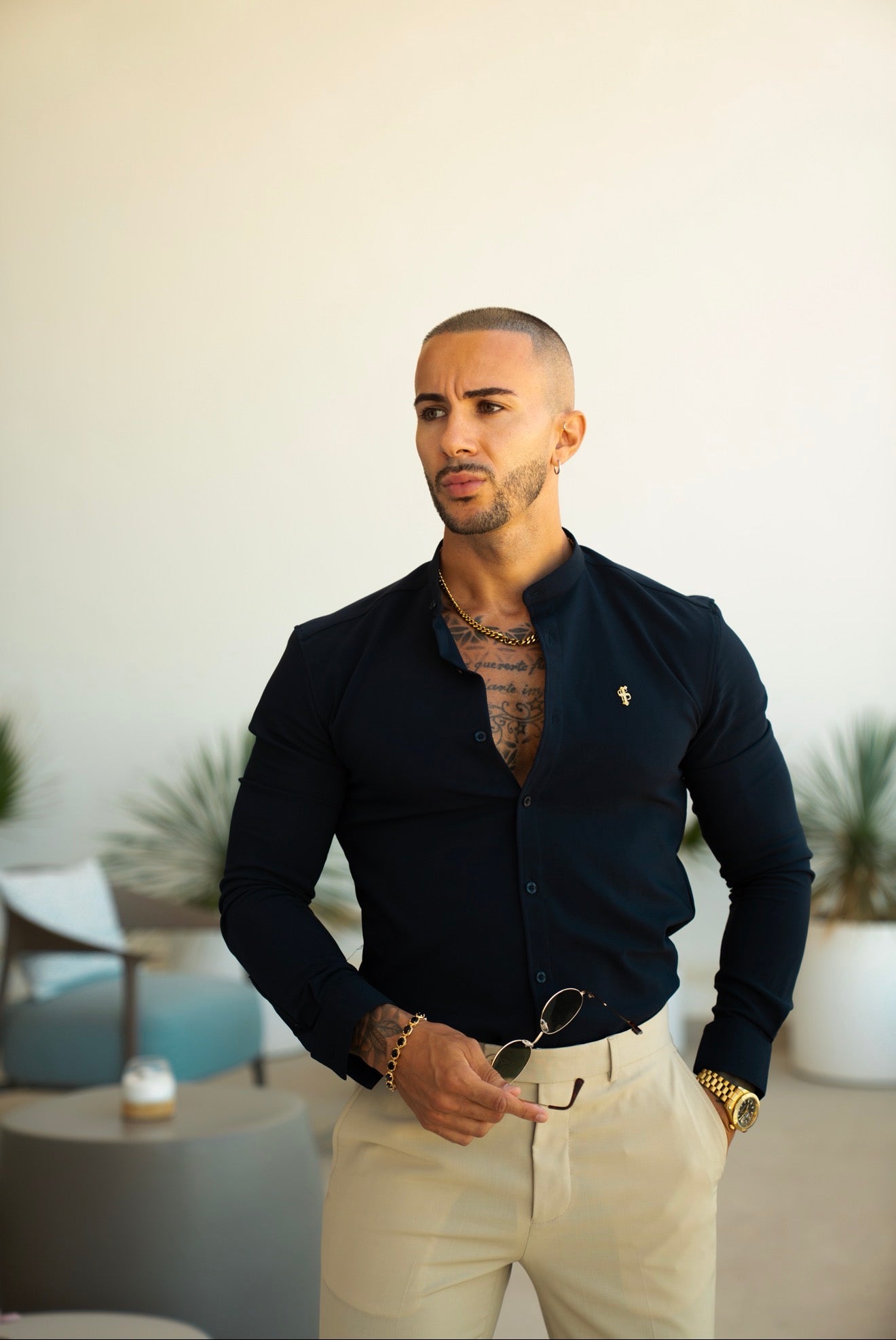 Super Slim Scuba Navy Long Sleeve Stretch With Grandad Collar With Gold Decal  - FS1265