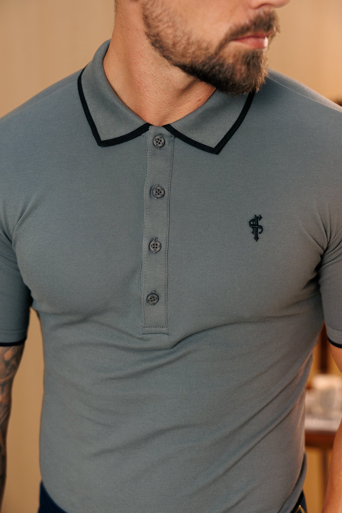 Charcoal / Black Polo Shirt With Contrast Collar and Sleeve - FSH1675
