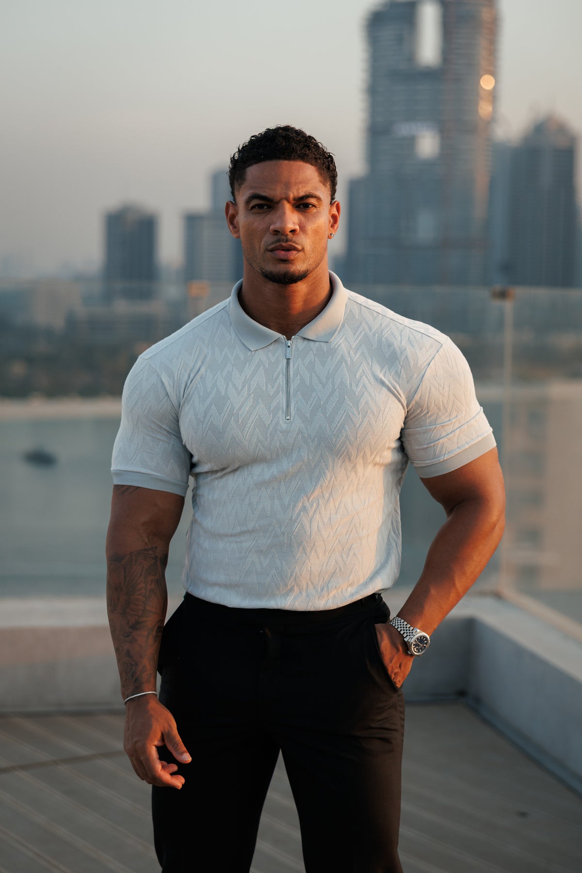 Classic Jacquard Light Grey Chevron Zipped Polo - FSR063
