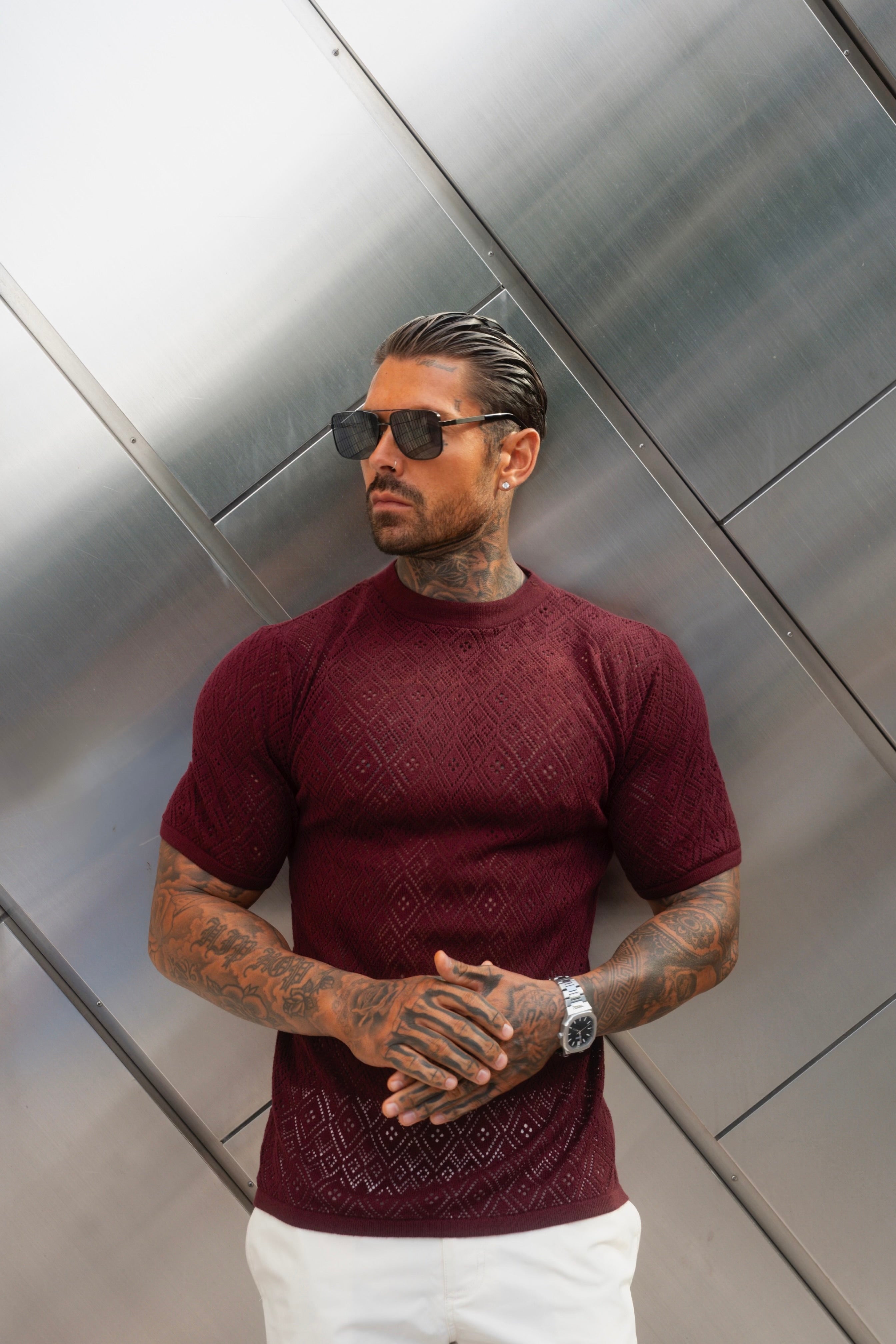 Crochet Crew T-Shirt Burgundy Short Sleeve - FSJ089