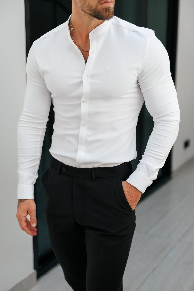 FS Super Slim Scuba White Long Sleeve Stretch with Grandad Collar - FS1170