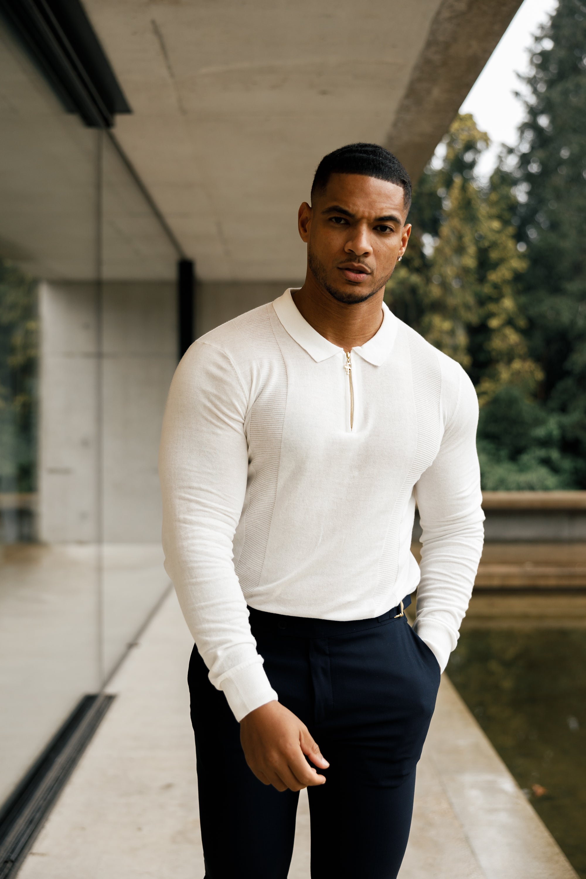 Classic White and Gold Zip Knitted Polo Shirt  Long Sleeve - FSN125