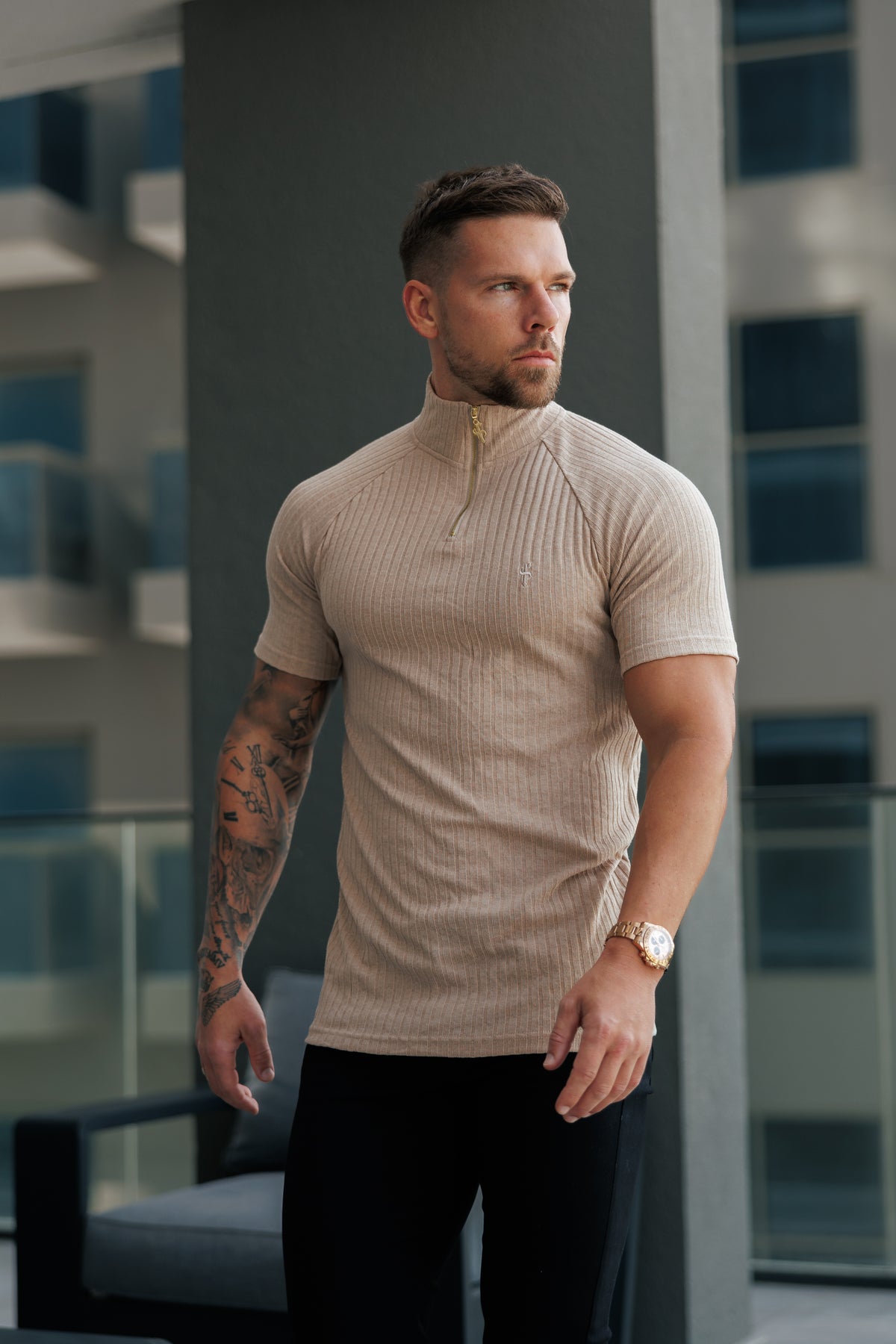 Classic Beige Ribbed Zip Funnel Neck Raglan Short Sleeve Crew - FSH129