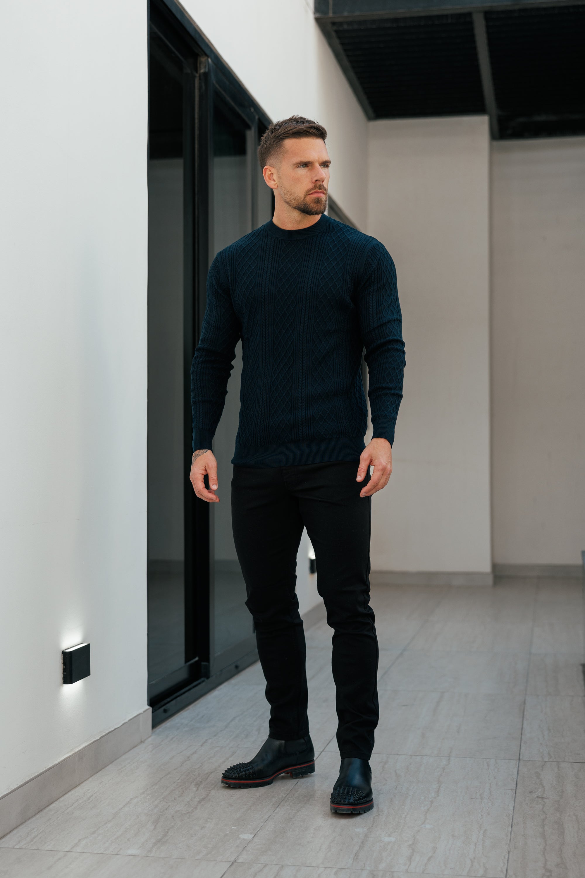 Fine Knit Diamond Navy Jumper Long Sleeve  -  FSA007