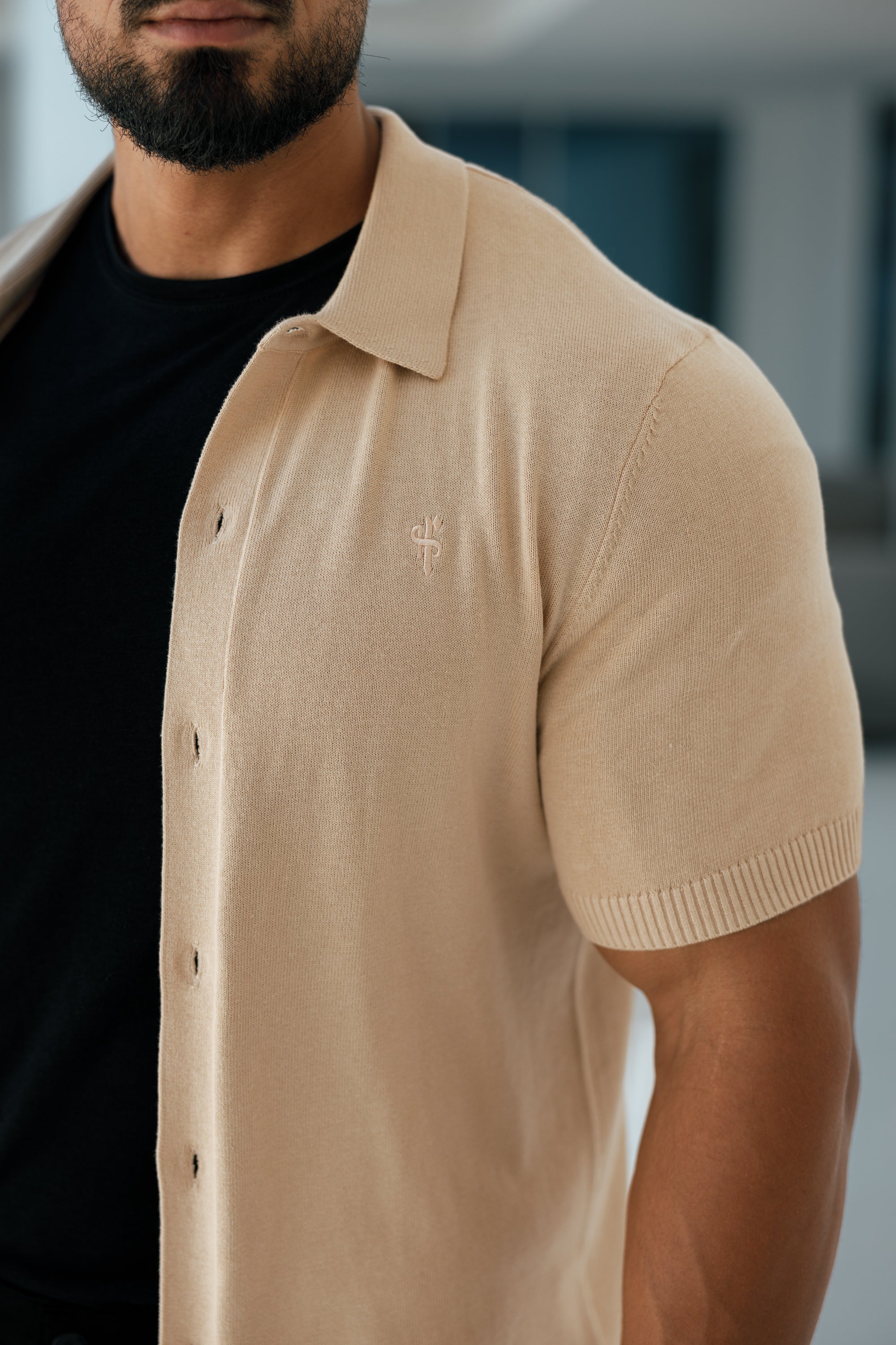 Classic Plain Beige Knitted Button Through Polo Short Sleeve - FSN104