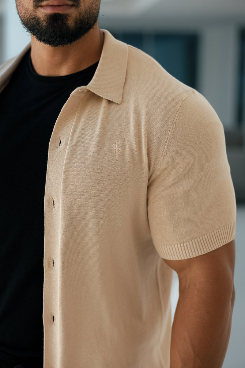 Father Sons Classic Plain Beige Knitted Button Through Polo Short Sleeve - FSN104