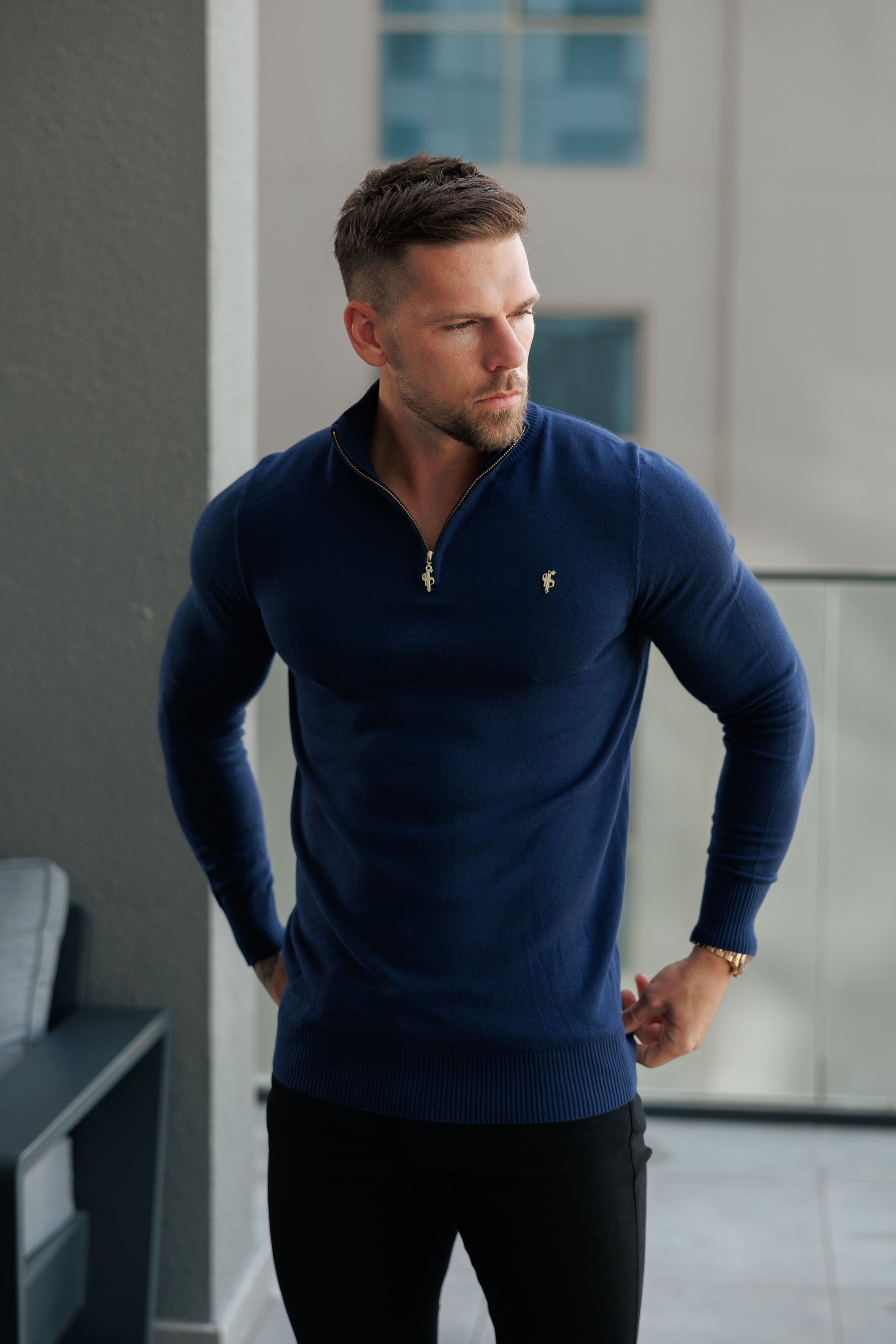 Navy Funnel Neck Knitted Jumper With FS Branding - FSN191