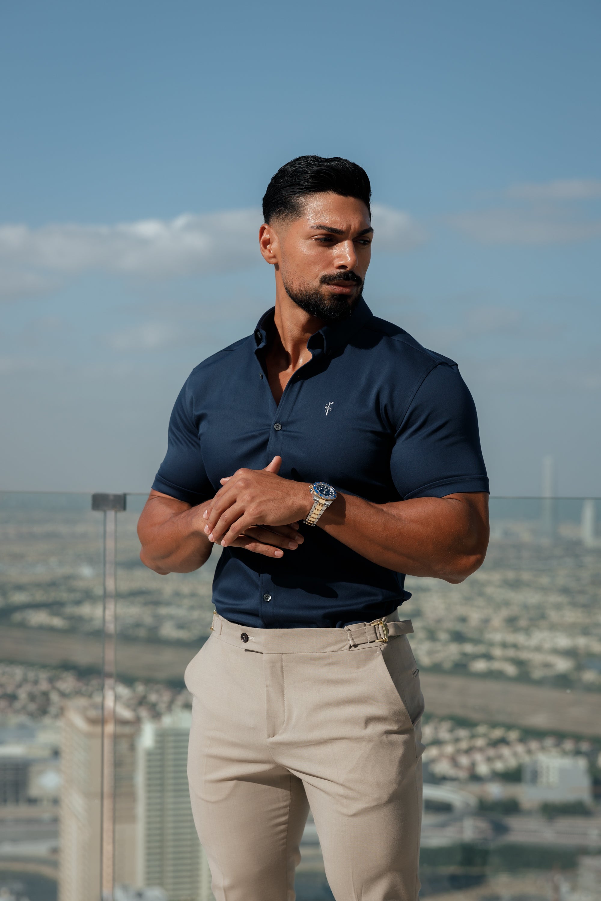 Super Slim Stretch New Navy Denim Short Sleeve With Button Down Collar - FS1019